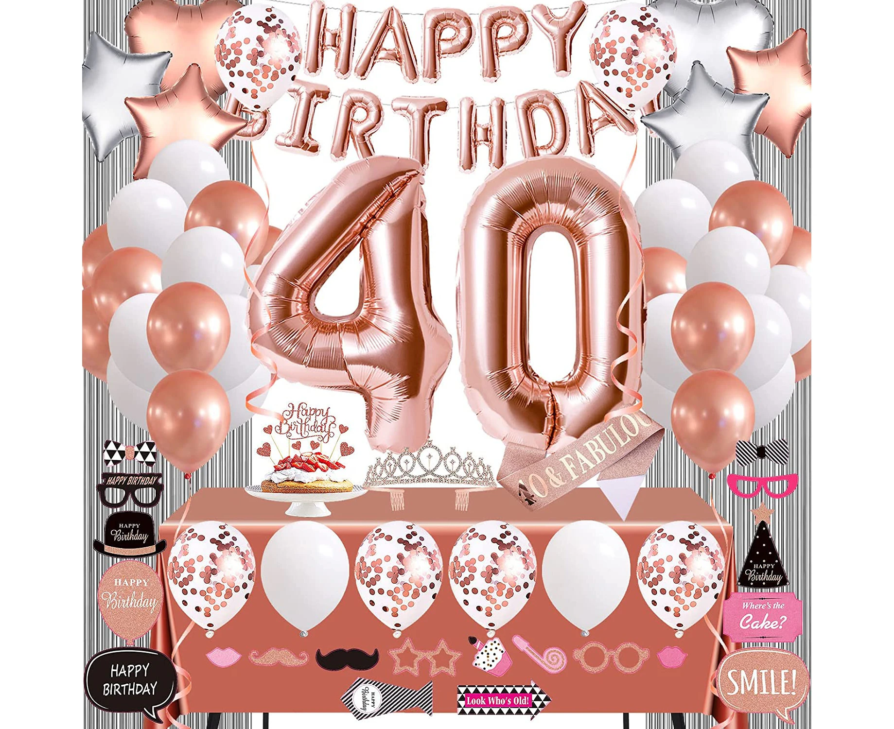 Rose Gold 40th Birthday Decorations for Women, 40 Birthday Party Supplies for Her Including Happy Birthday Balloons, Fringe Curtain, Tablecloth, Photo Prop