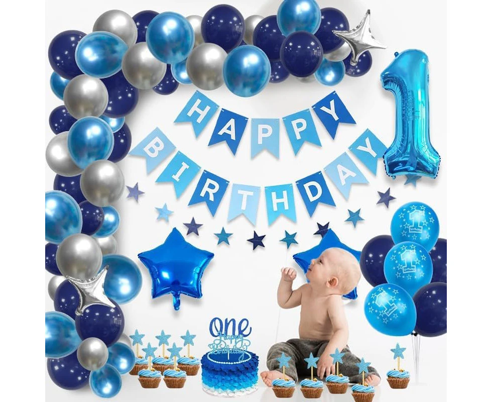 1st Birthday Decorations Blue silver Balloon Garland kit for ONE Highchair Banner Decorations，Happy Birthday Banner with Number 1 Balloon Star Balloon Cake