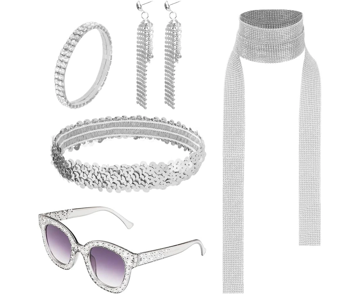 AUTOWT Women 70s Disco Accessories, 5 Pcs Disco Ball Jewelry Costume Set Decorative Supplies with Sunglasses Bracelet Sequin Scarf Sequin Headband Earrings