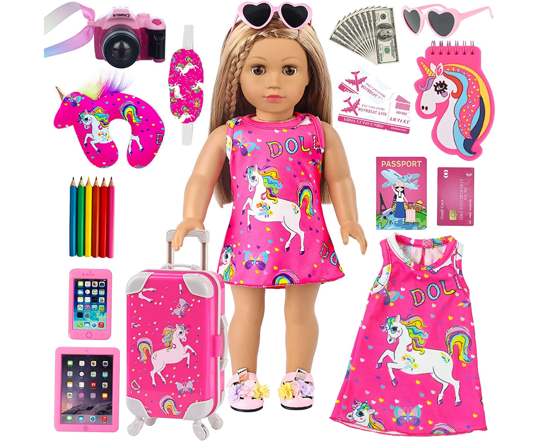 ZQDOLL American 18 Inch Girl Doll Clothes and Accessories Travel Luggage Play Set for 18 Inch Doll, Including 18 Inch Doll Clothes Travel Suitcase Travel P