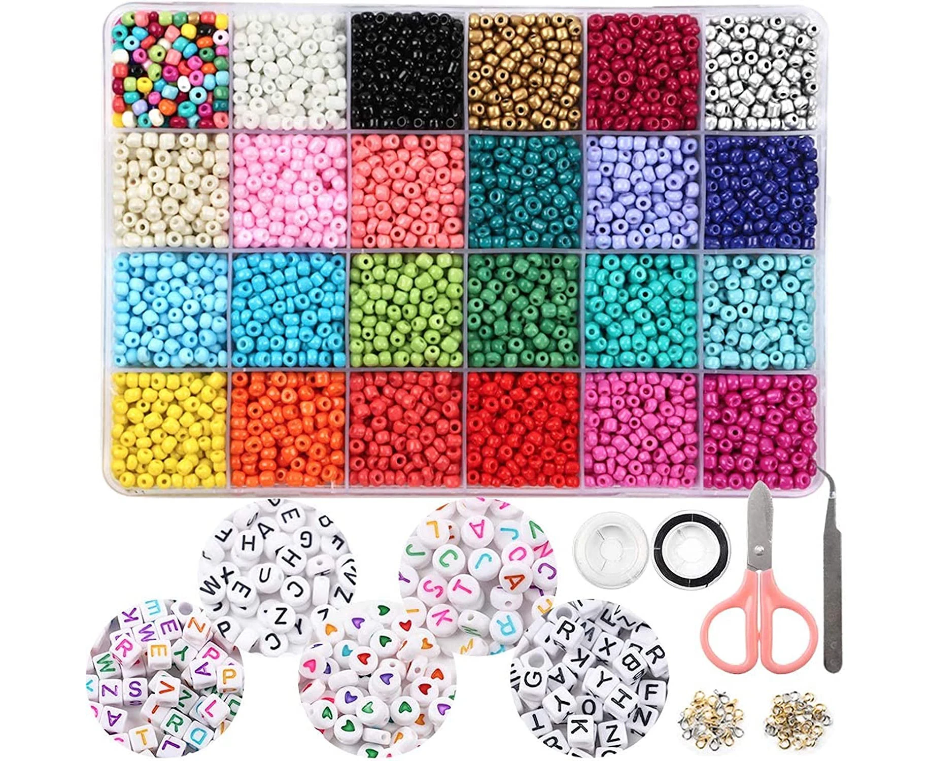 OUTUXED 7200pcs 4mm Glass Seed Beads for Bracelets Making Kit 300pcs Alphabet Letter Beads for Jewelry Making and Crafts with Elastic String Cords, Tweezer