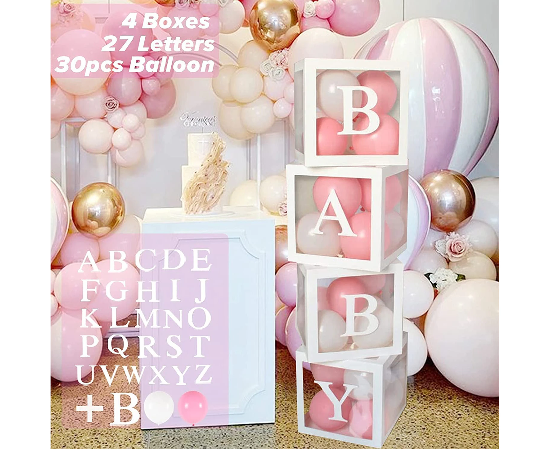 61Pcs Baby Shower Decorations Boxes for Boys&girls, 30 Party Balloons (pink&white), 4 Transparent Balloon Boxes with 27 letters, Include BABY+A-Z, Baby Blo