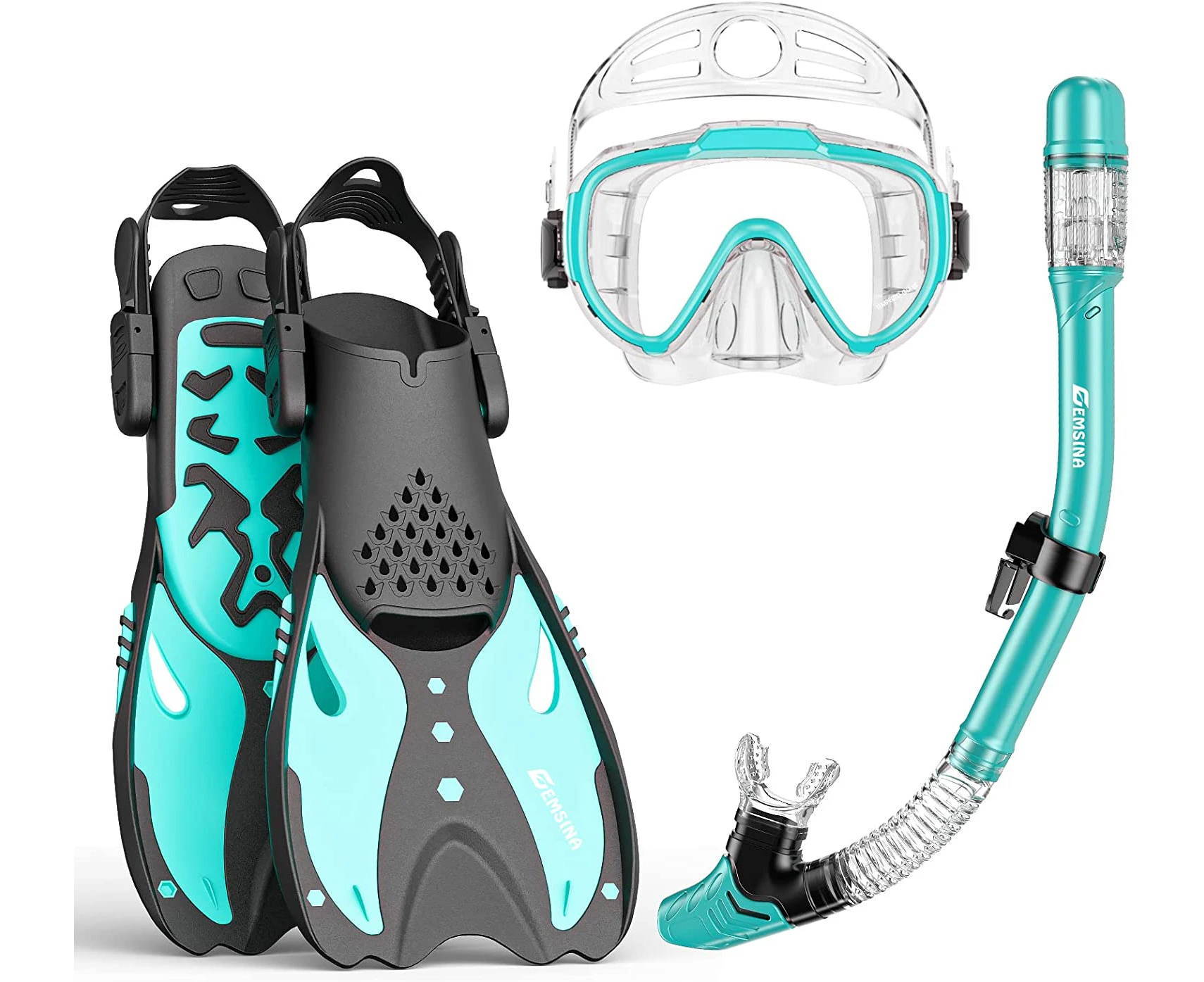 EMSINA Mask Fin Snorkel Set with Adult Snorkeling Gear, Panoramic View Diving Mask, Trek Fin, Dry Top Snorkel +Travel Bags, Snorkel for Lap Swimming