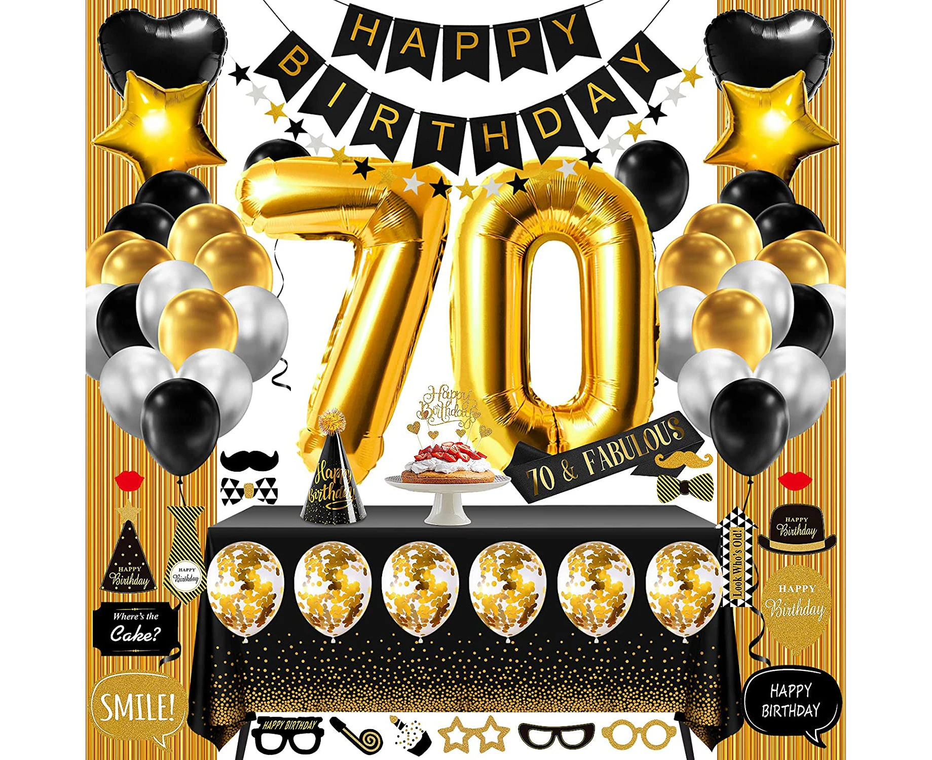 70th Birthday Decorations for Women Or Men Black & Gold, 70 Birthday Party Supplies Gifts for Her ( Him) Including Happy Birthday Balloons, Fringe Curtain,