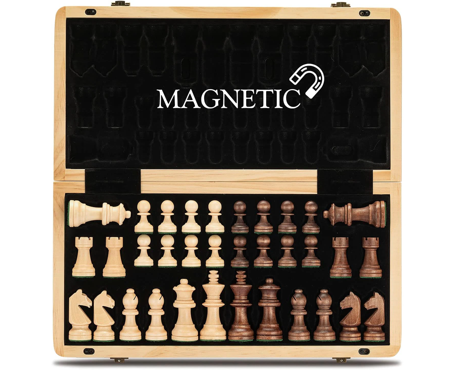 A&A 15" Magnetic Wooden Chess Set/Folding Board / 3" King Height German Knight Staunton Chess Pieces/2 Extra Queen