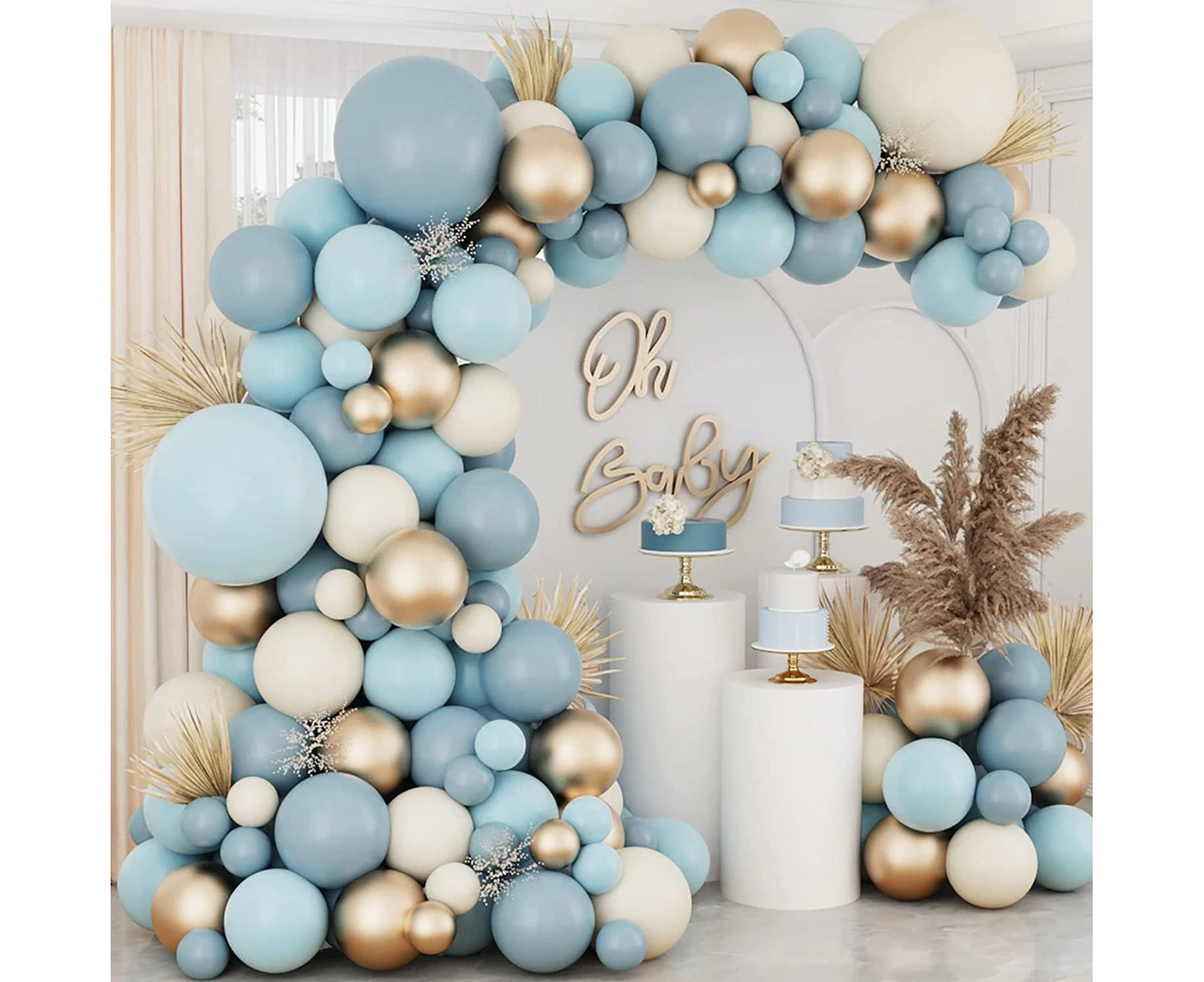 LYSAIMG Blue Gold Balloons Garland Arch Kit,134 Pieces Sand White Metallic Gold Dusty Slate Fog for Baby Shower Wedding Birthday Graduation Anniversary Bac