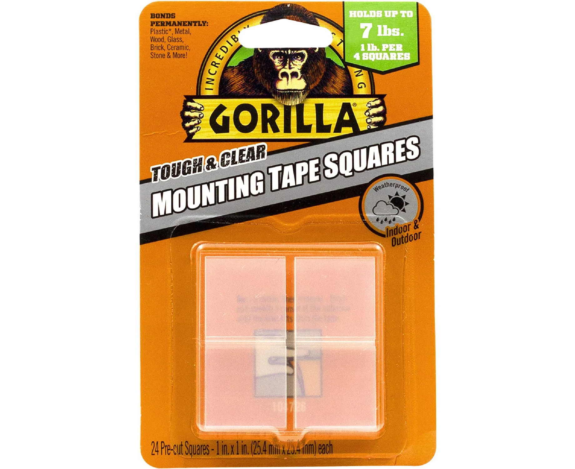 Gorilla Tough and Clear Double Sided Tape Squares, 24 1" Pre-Cut Mounting Squares, Clear, (Pack of 1)