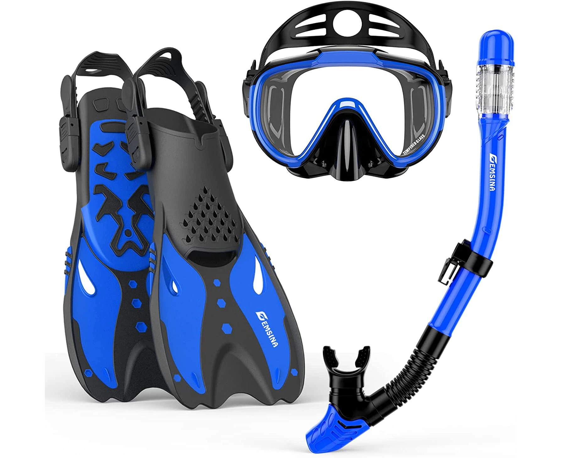 EMSINA Mask Fin Snorkel Set with Adult Snorkeling Gear, Panoramic View Diving Mask, Trek Fin, Dry Top Snorkel +Travel Bags, Snorkel for Lap Swimming