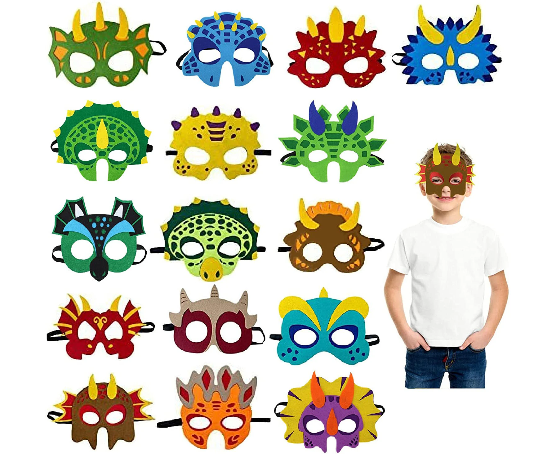 Dinosaur Party Masks, Dinosaur Mask Party Supplies for Kid 16Pcs, Felt and Elastic Masquerade Birthday Dinosaur Party Favors, Party Favors for Children Gir