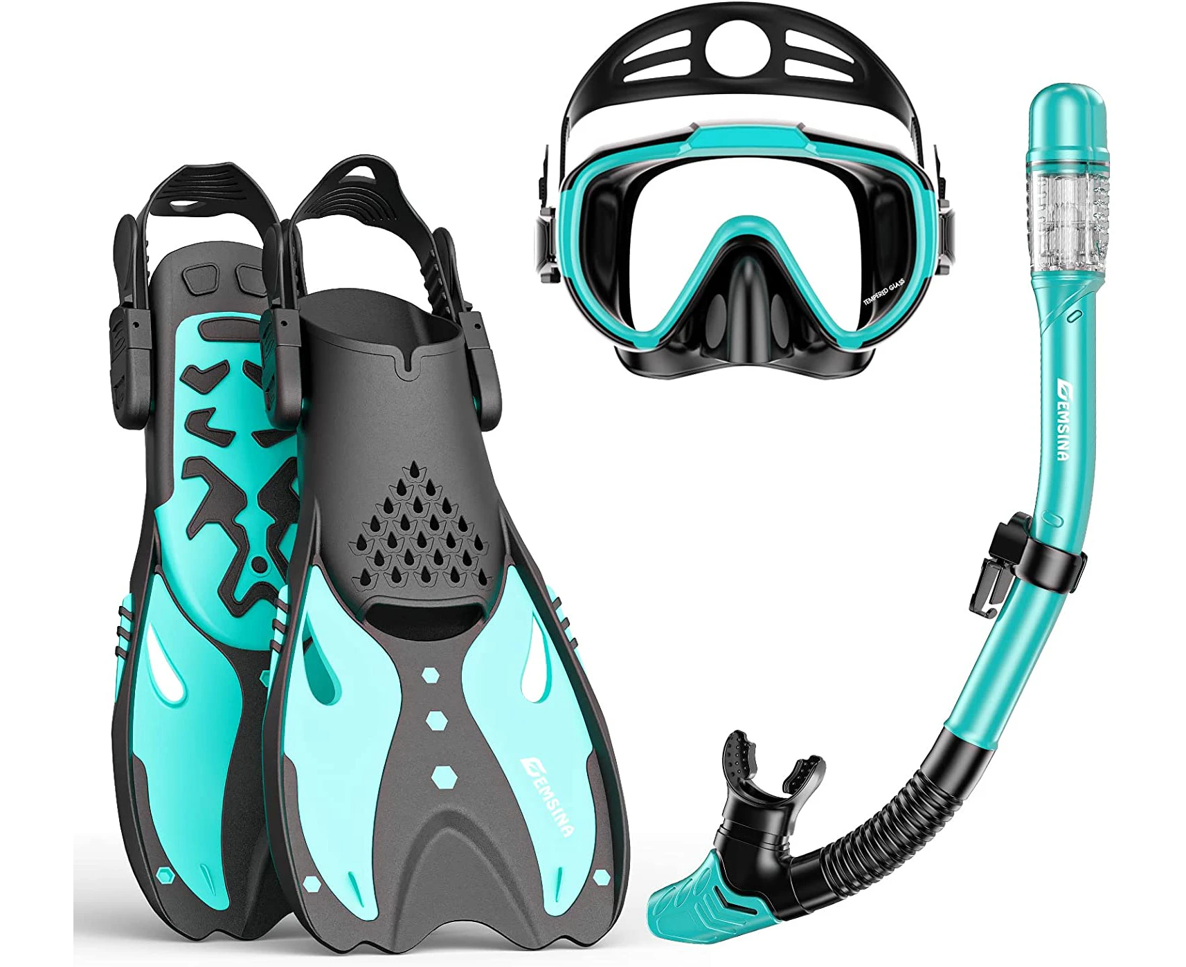 EMSINA Mask Fin Snorkel Set with Adult Snorkeling Gear, Panoramic View Diving Mask, Trek Fin, Dry Top Snorkel +Travel Bags, Snorkel for Lap Swimming