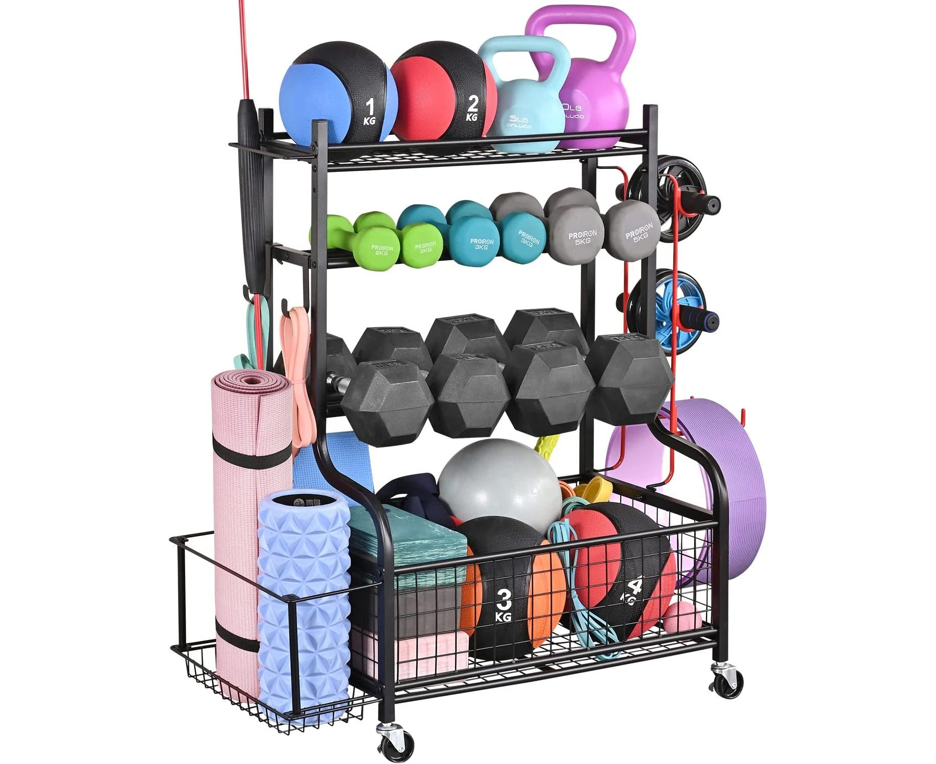 Mythinglogic Dumbbell Rack, Home Gym Storage, Weight Rack for Dumbbells, Yoga Rack, Kettlebells and Yoga Mat Storage, Gym Storage Rack with Wheels and Hook