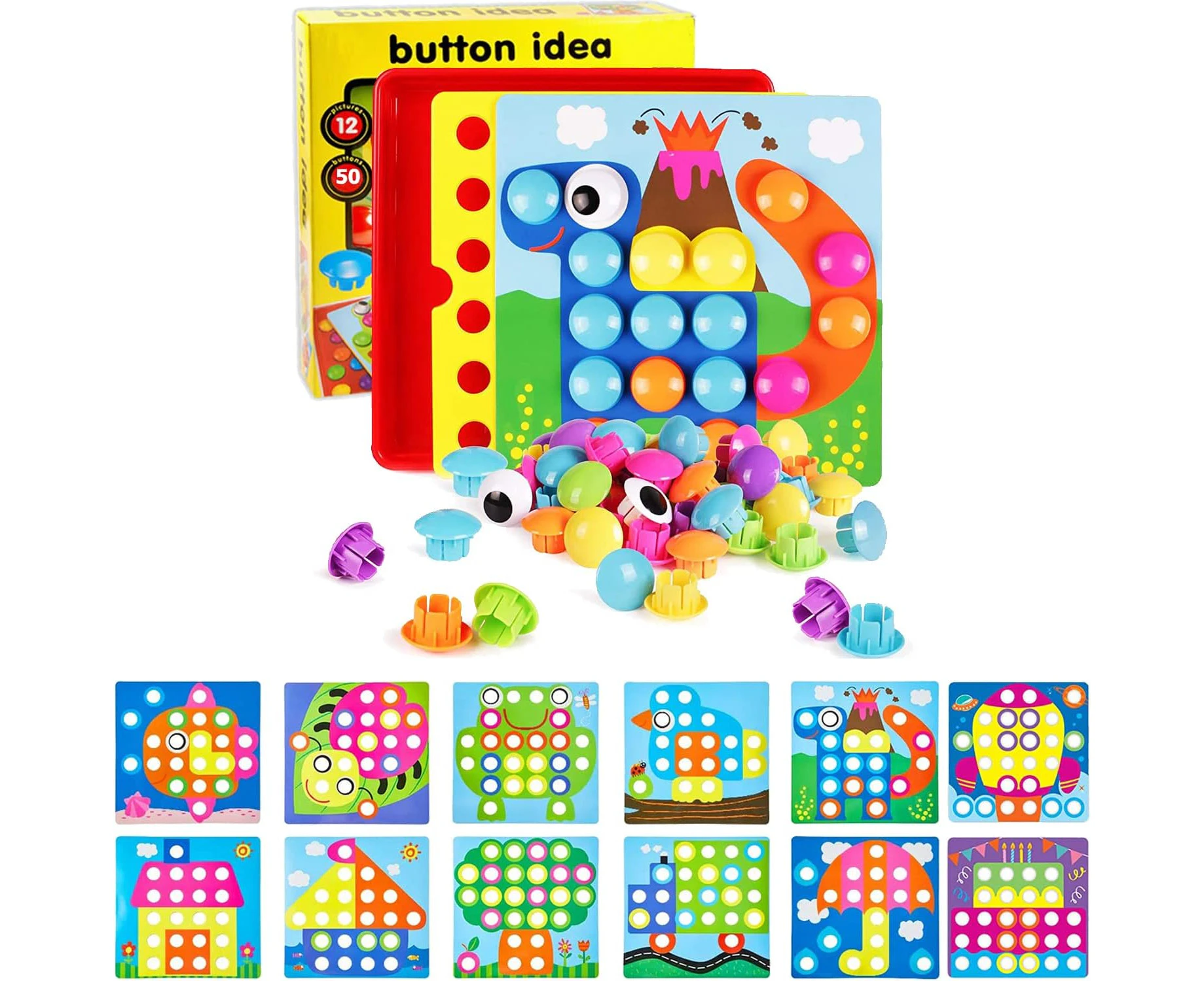 Button Art Toys for Toddlers, Color Matching Mosaic Pegboard Early Learning Educational Toys for 3+ Boys and Girls Art and Craft Activity, Safe Nontoxic AB