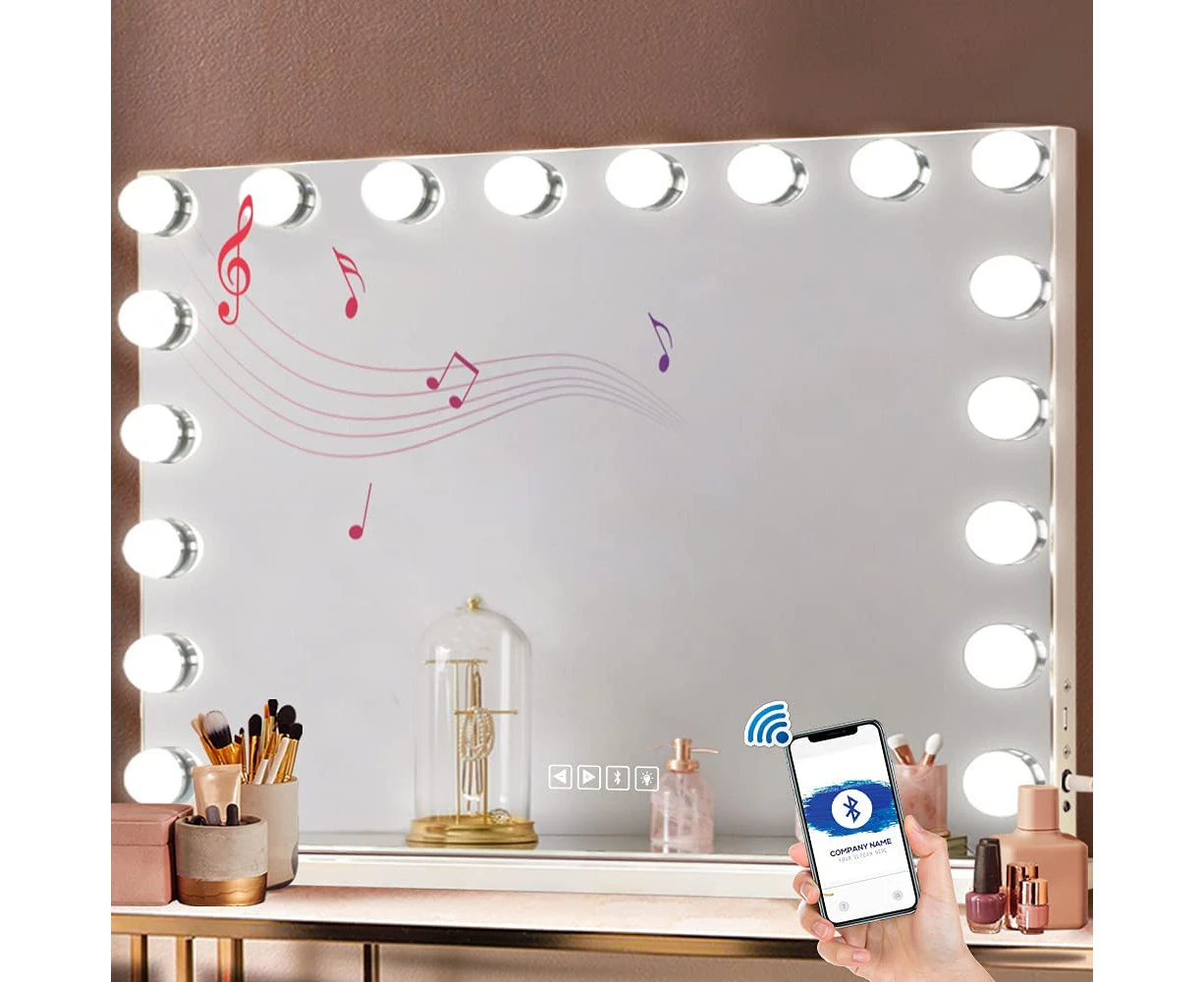 FENCHILIN Vanity Smart Mirror with Lights Bluetooth Speaker USB Power Charging Large Hollywood Lighted Mirror with 18 Dimming LED Bulbs for Tabletop/Wall-M