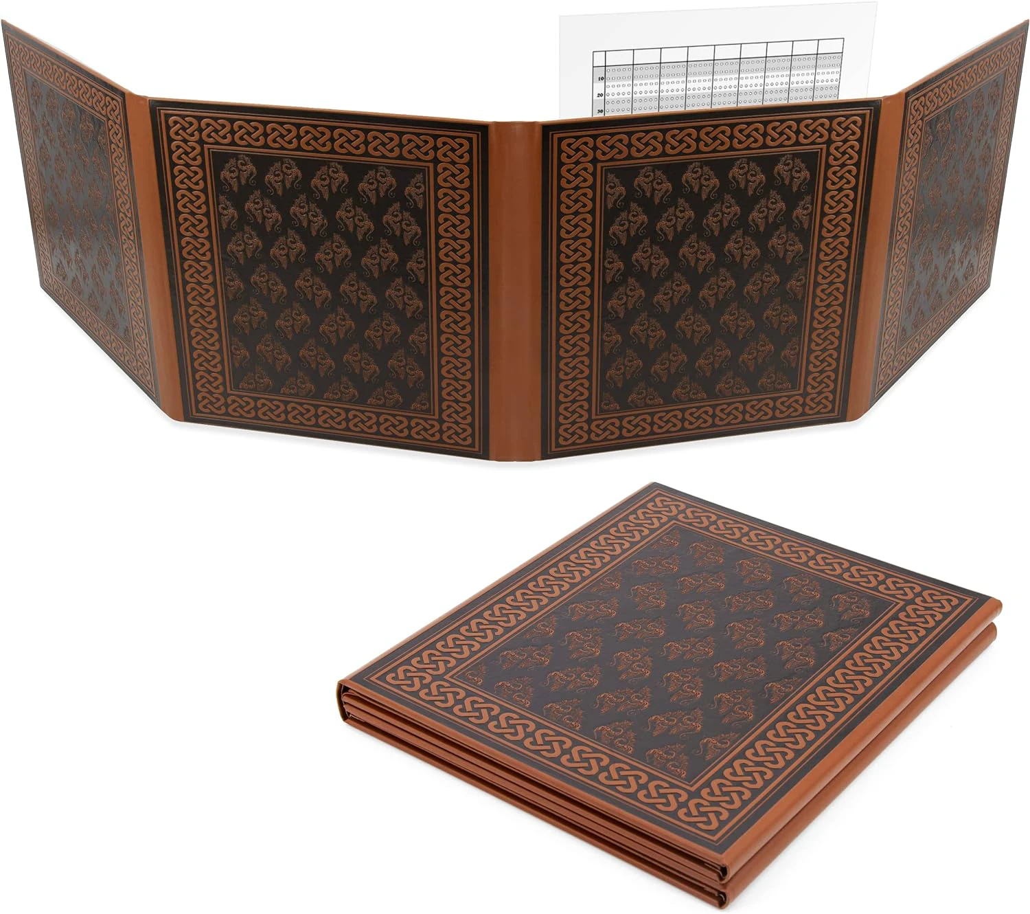 CASEMATIX DM Screen Faux Leather Embossed GM Screen - Four Panel Folding Dungeon Master Screen with Wet Erase Transparent Pockets and Compatible with Table