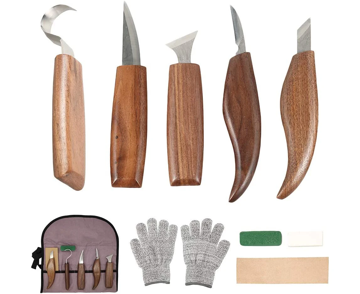 10pc Wood Carving Knife Set Beginner Kit Convenient Tools Set Cut Resistant Gloves Spoon Carving Hook Knife, Wood Carving Whittling Knife, Chip Carving Det