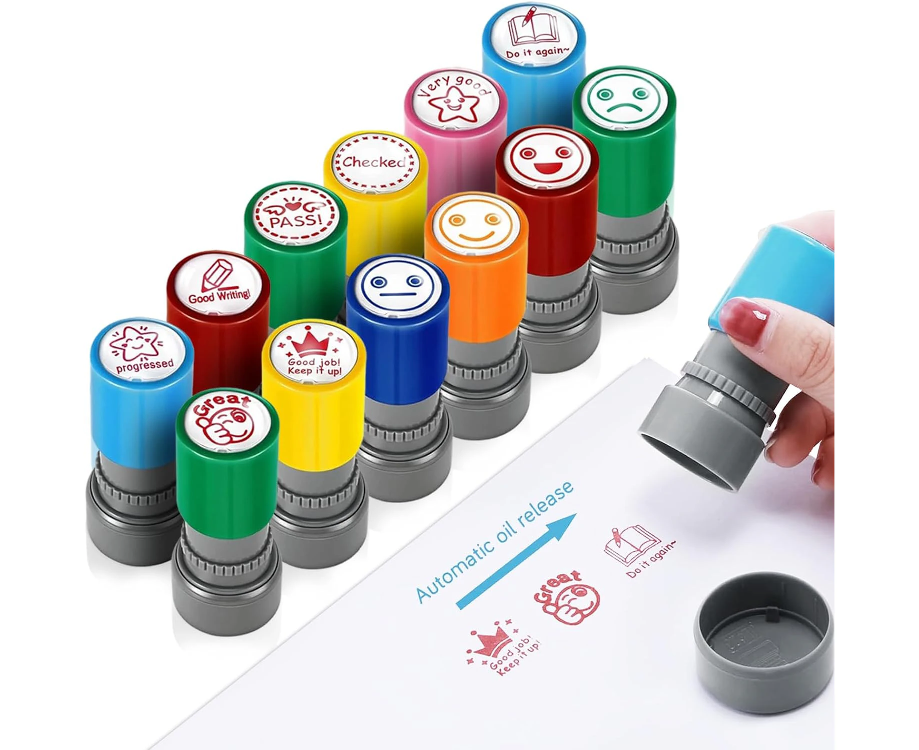 Powerful 12 Pcs Teacher Stamps Self Inking Stamp for Classroom Grading Motivation and Homework Review