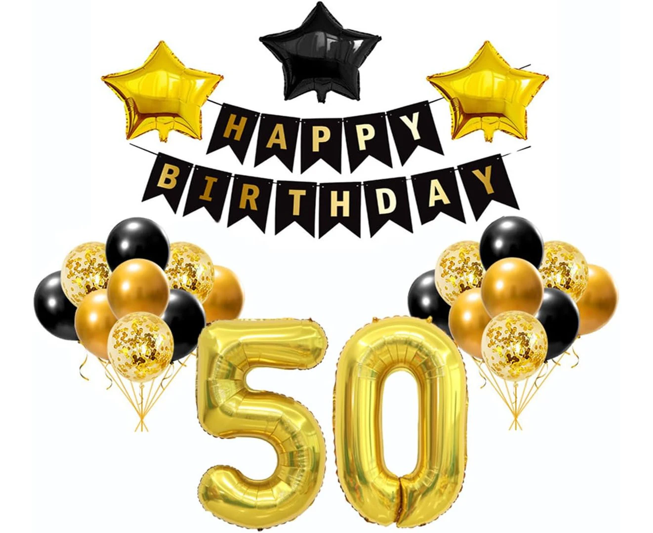 50th Birthday Decorations for Men Women Black Gold Birthday Balloon Party Banner Set, Large Number 50 Party Decoration with Ribbons