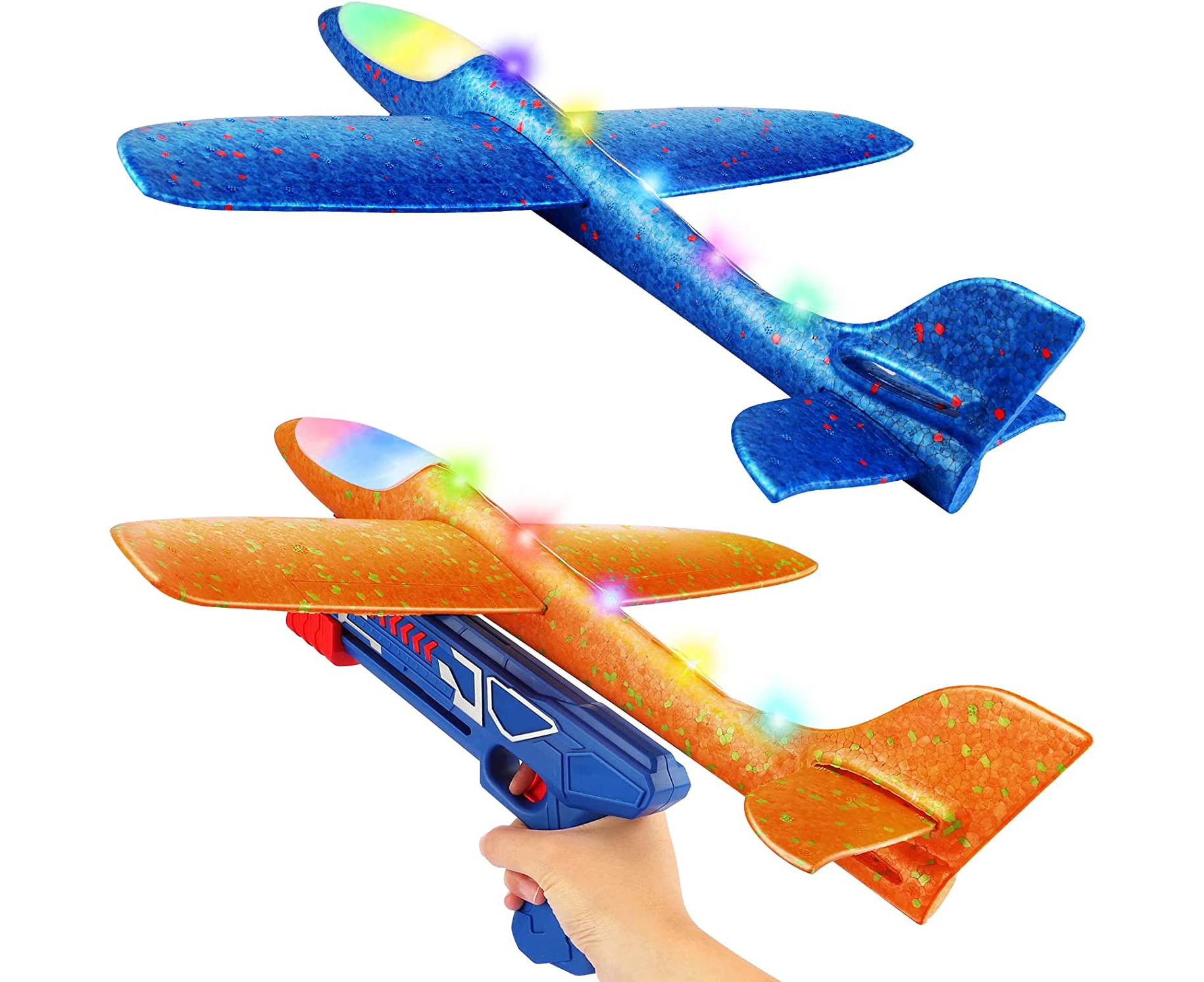 2 Pack Flying Airplane Toys with Launcher,LED Light Foam Glider Planes,Kids Outdoor Toys Yard Games, for 4 5 6 7 8 9 10 Years Old Boys Girls, Airplane Birt