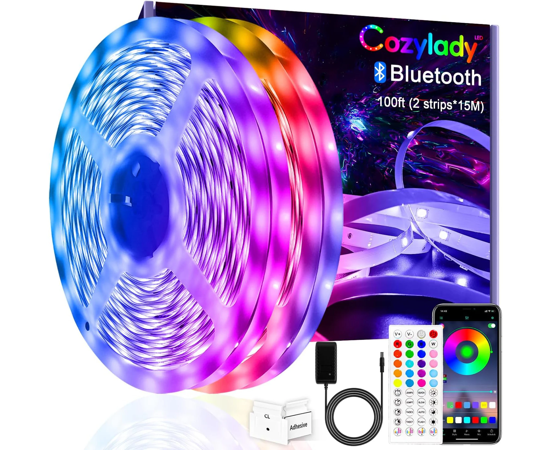 Bluetooth LED Strip Lights 30m, Cozylady 100ft LED RGB LED Light Strips Music Sync Color Changing APP Control Flexible String Lights for Home Kitchen Bar B