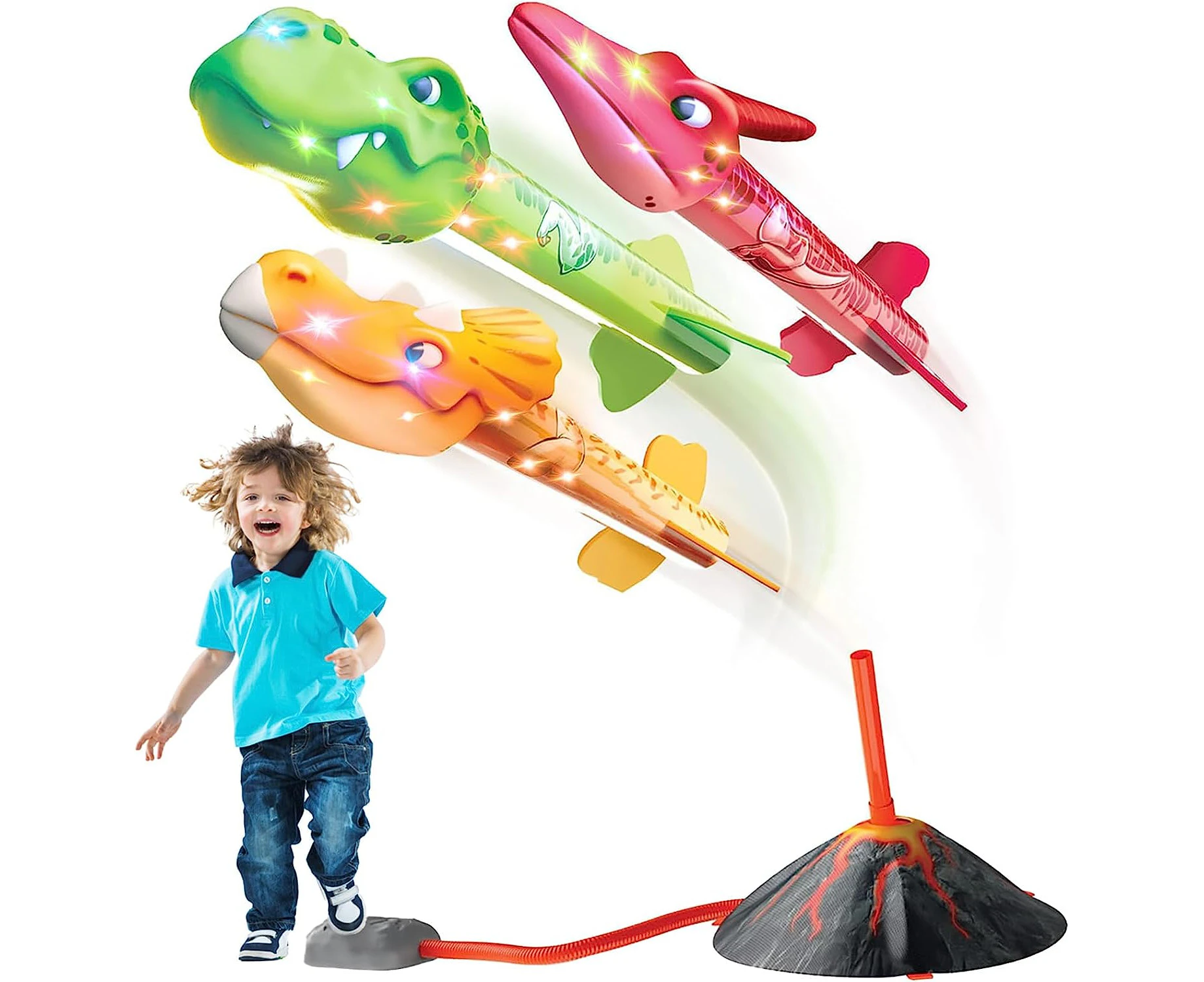 PELOSTA Dino Foam Rocket Launcher for Kids,Dinosaur Toys for 3-12 Year Old Boys&Girls - 3 LED Foam Rockets&Stomp Launcher-Up to 100Ft,Outdoor Toy for Presc