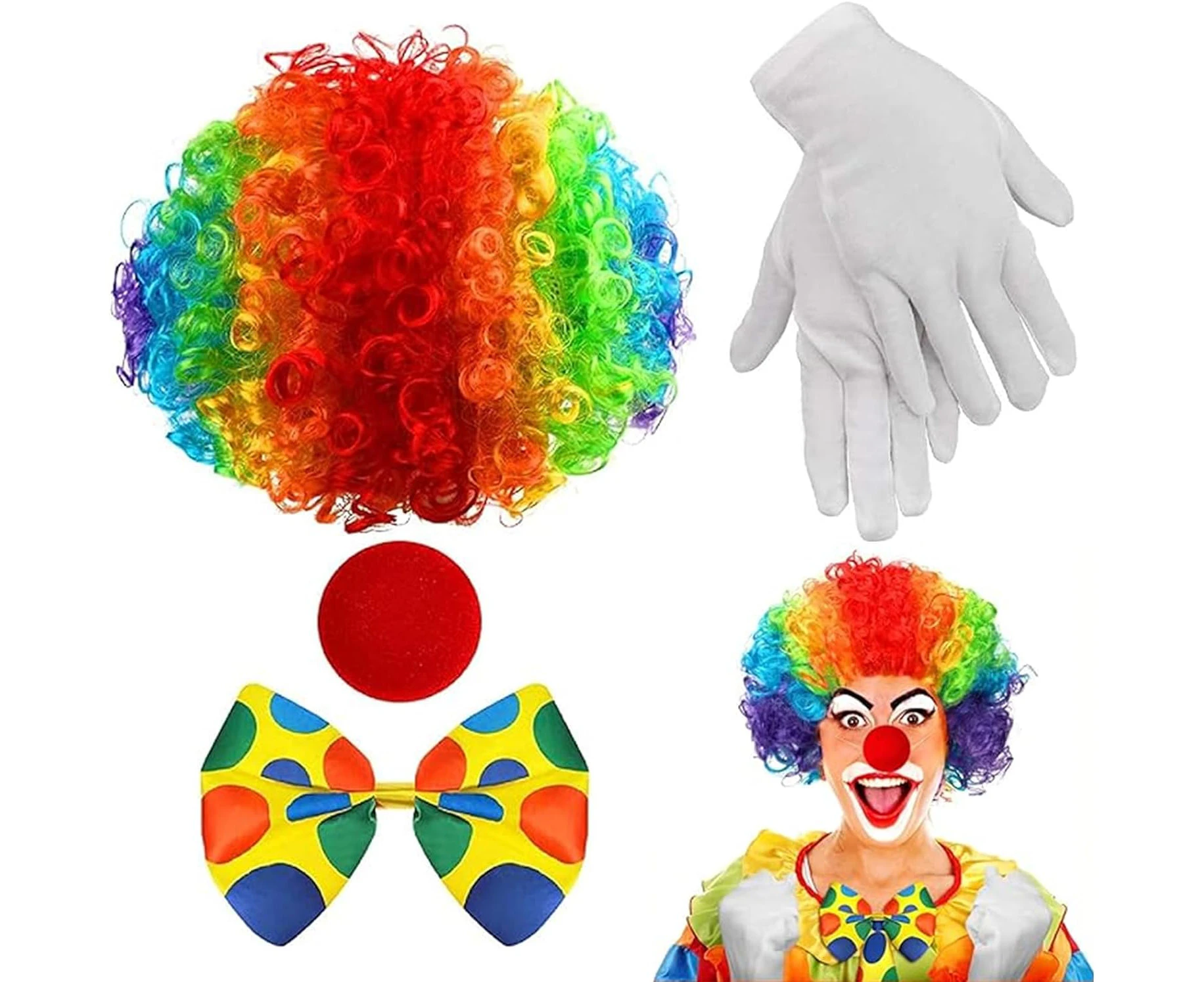 XMANX 4pcs/set of Clown Costume Wig, Clown Rainbow Wig Clown Nose Bow Tie White Gloves for Halloween Parties Christmas Carnival Circus Cosplay Party Men Wo