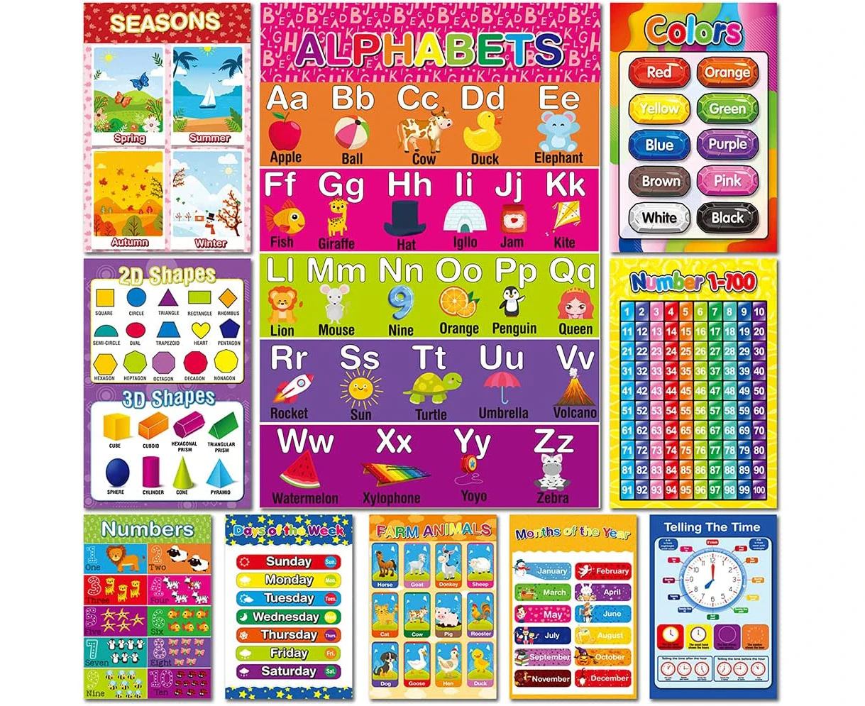 YEEBAY Preschool Educational Posters for Toddlers, Classroom Decorations, Pre-K, Kindergarten, Daycares, Classroom, Homeschool Supplies Materials, 10 Learn