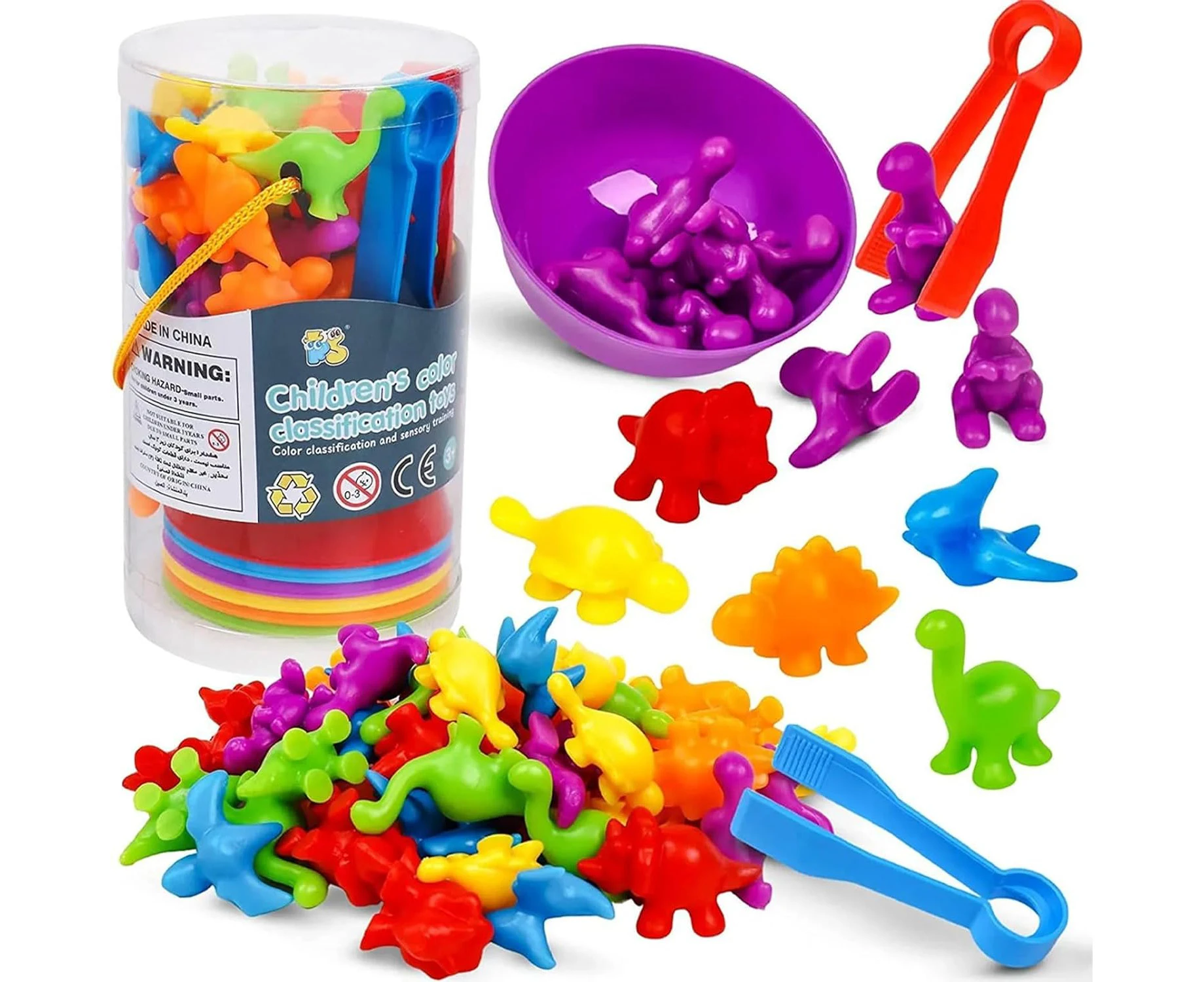 56PCS Rainbow Counting Dinosaur Math Toys Animal Dinosaur Color Sorting Matching Game Children Educational Sensory Toy,with Sorting Cups and Tweezers for T