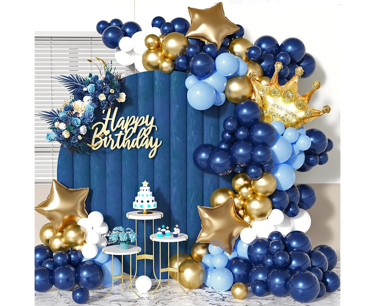 Navy Blue Balloon Garland Arch Kit,Gold White Royal Blue Balloons with Crown Foil Balloons for Boys Birthday Party Graduation Anniversary Celebration Party