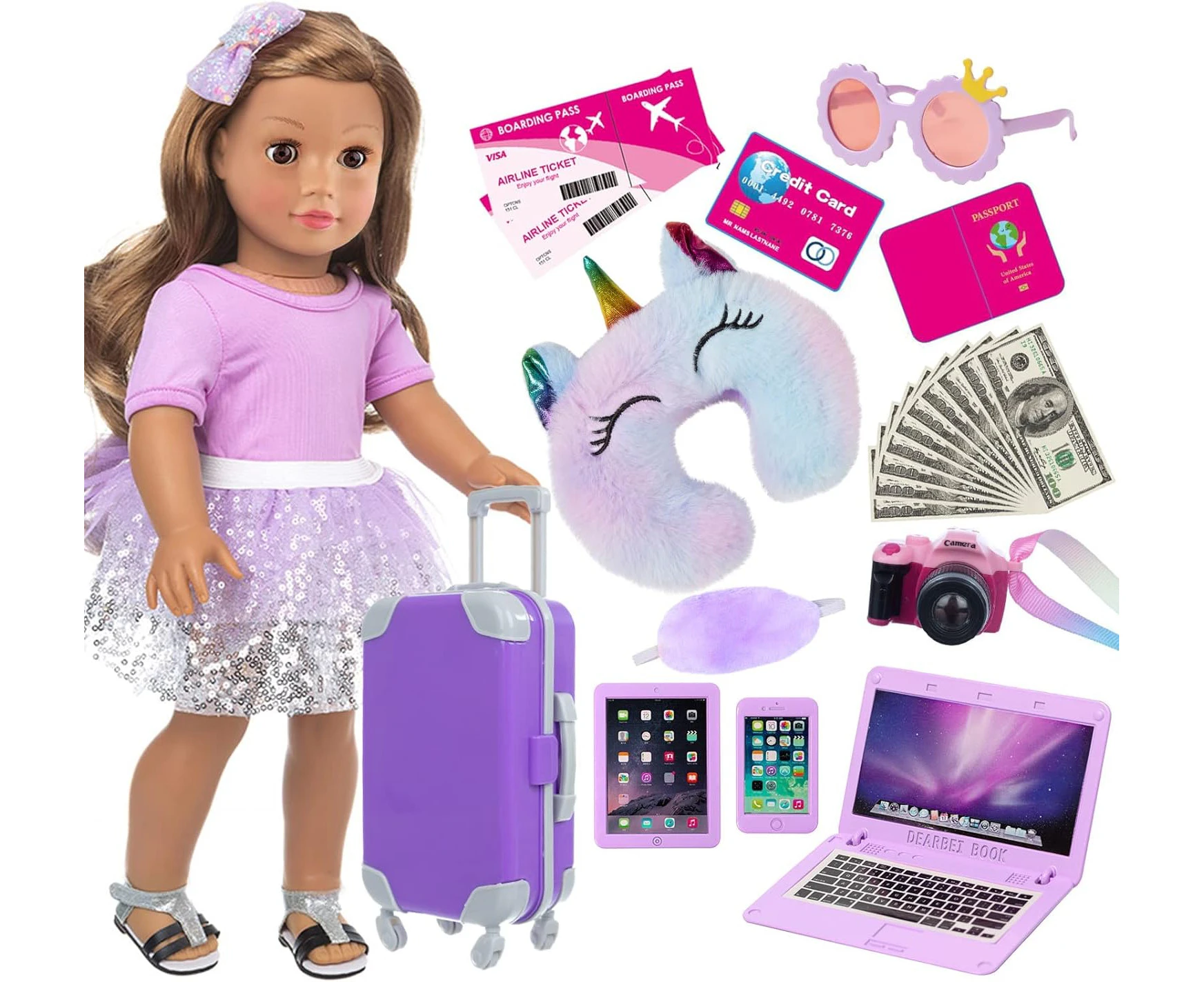 ZNTWEI American 18 Inch Girl Doll Travel Suitcase Play Set with 18 Inch Doll Clothes and Accessories Including Sunglasses Camera Computer Phone Ipad Travel