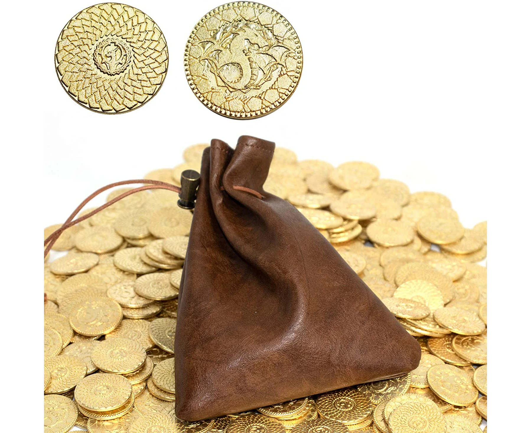 50 DND Coins Fantasy Coins & Leather Bag Metal Tokens Game Coins for Board Games Table RPG Board Game Accessories Golden Suit for Dungeons & Dragons Mediev