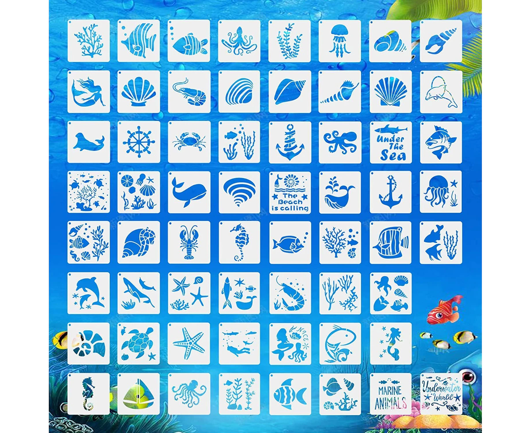 62 Pcs Sea Ocean Creatures Stencils Sea Life Animals Templates, Reusable DIY Stencils for Scrapbooking Painting on Wood Wall Floor Canvas Art Supplies Déco