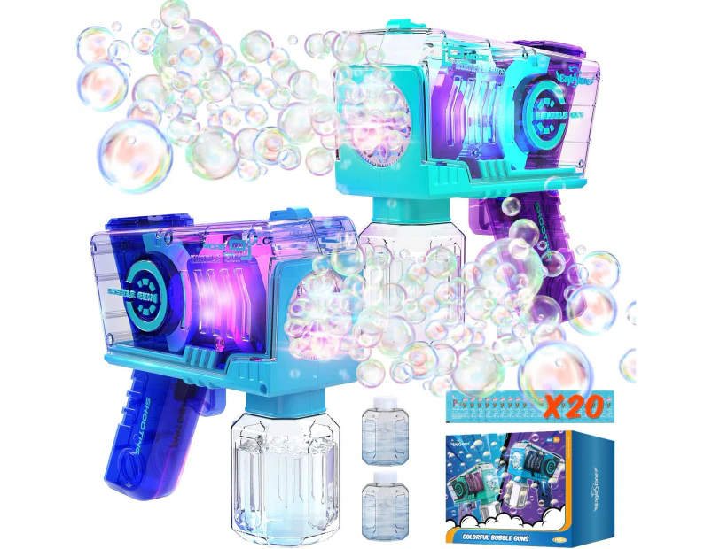 Eaglestone Transparent 2 Bubble Guns with 2 Bottles, 12 Bags Bubble Refill Solution, Bubble Machine for Toddlers Ages 3+ with Lights, Summer Outdoor Toys f