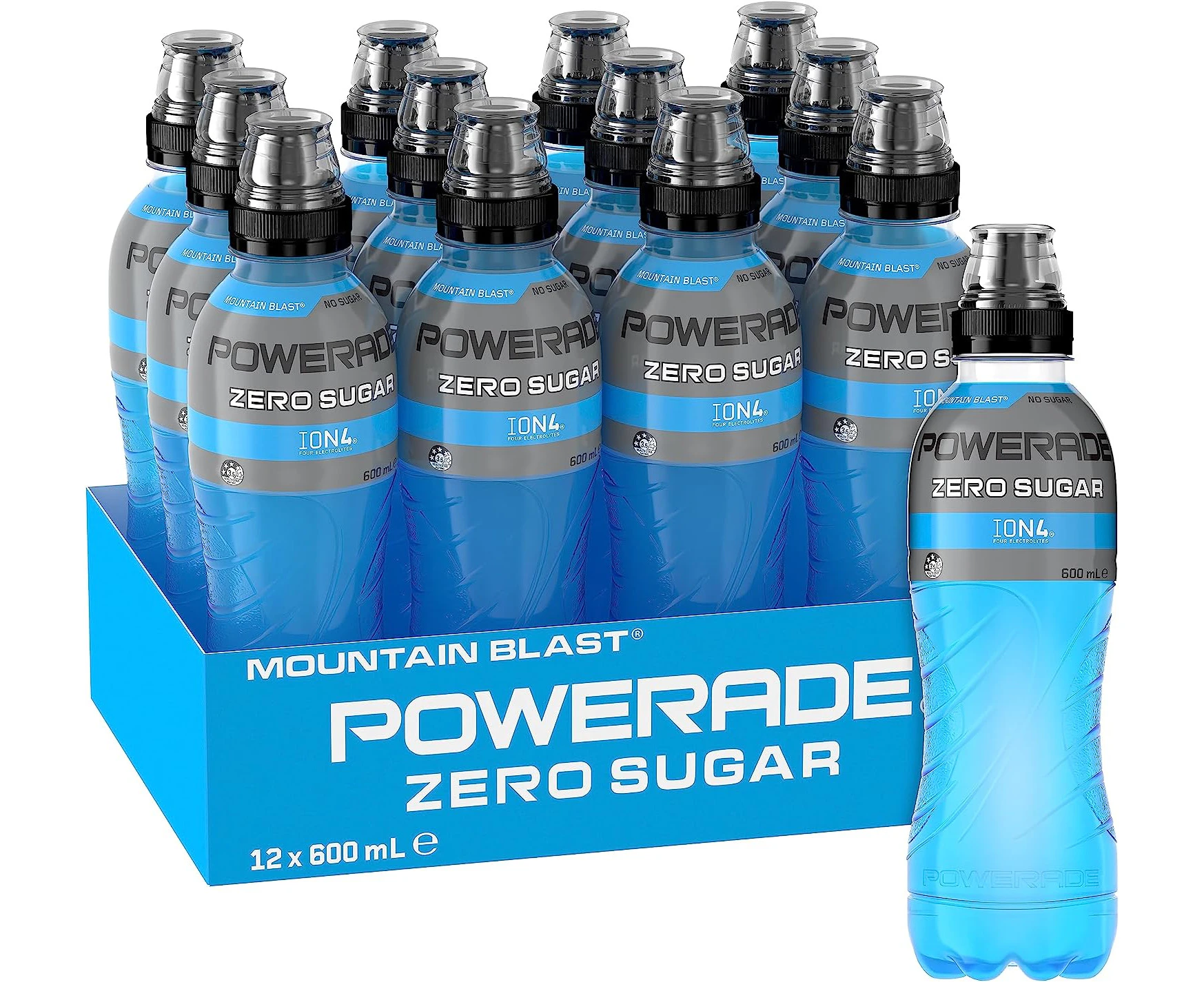 Powerade ION4 Mountain Blast Zero Sugar Sports Drink Multipck Sipper Cap Bottles 12 x 600mL