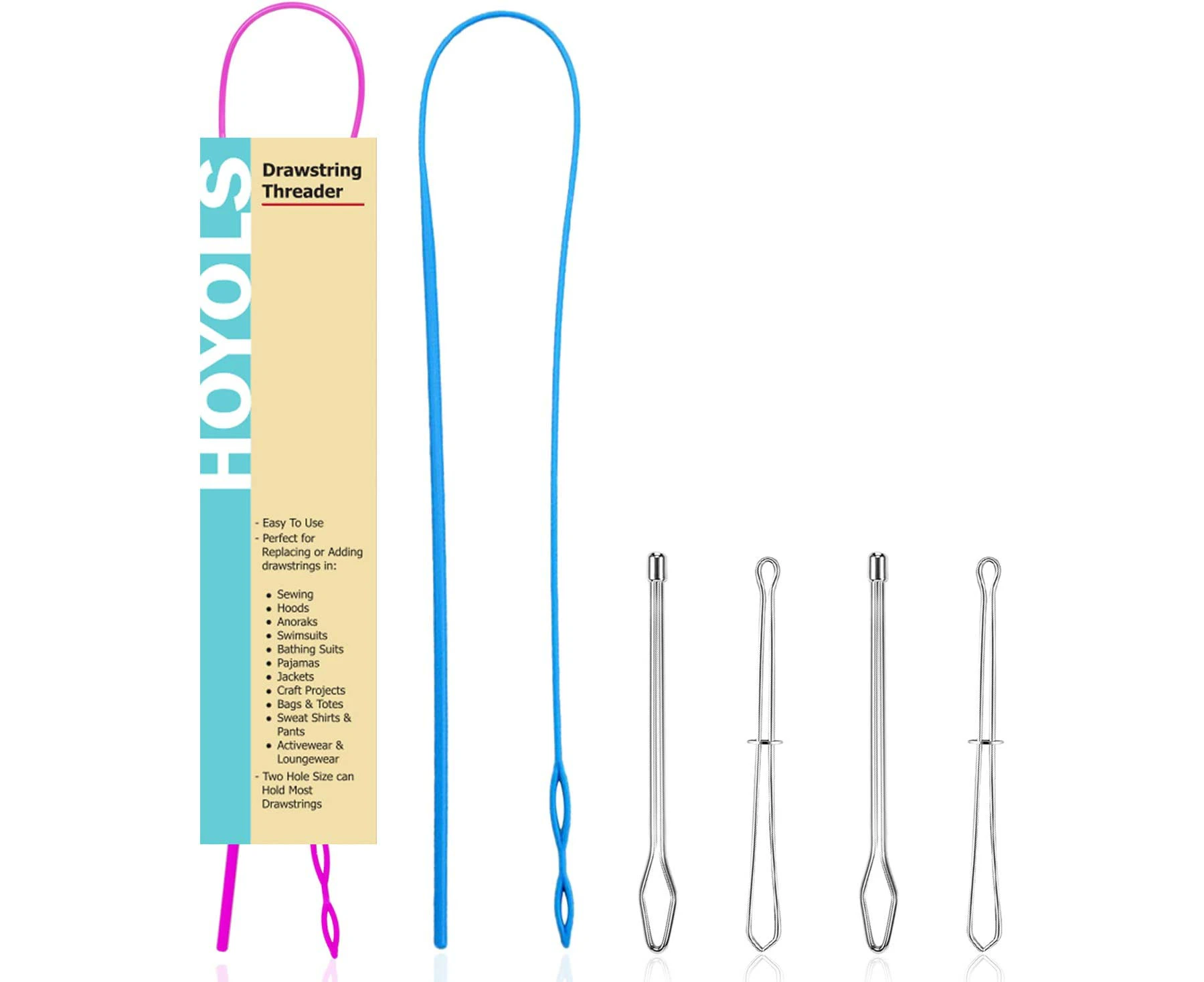 HOYOLS Bodkin Needles Drawstring Threader, Sewing Replacement Tools 6pcs Set, Stainless Steel Tweezers Flexible Quick & Easy Rethreads for Wool Yarn Ribbon