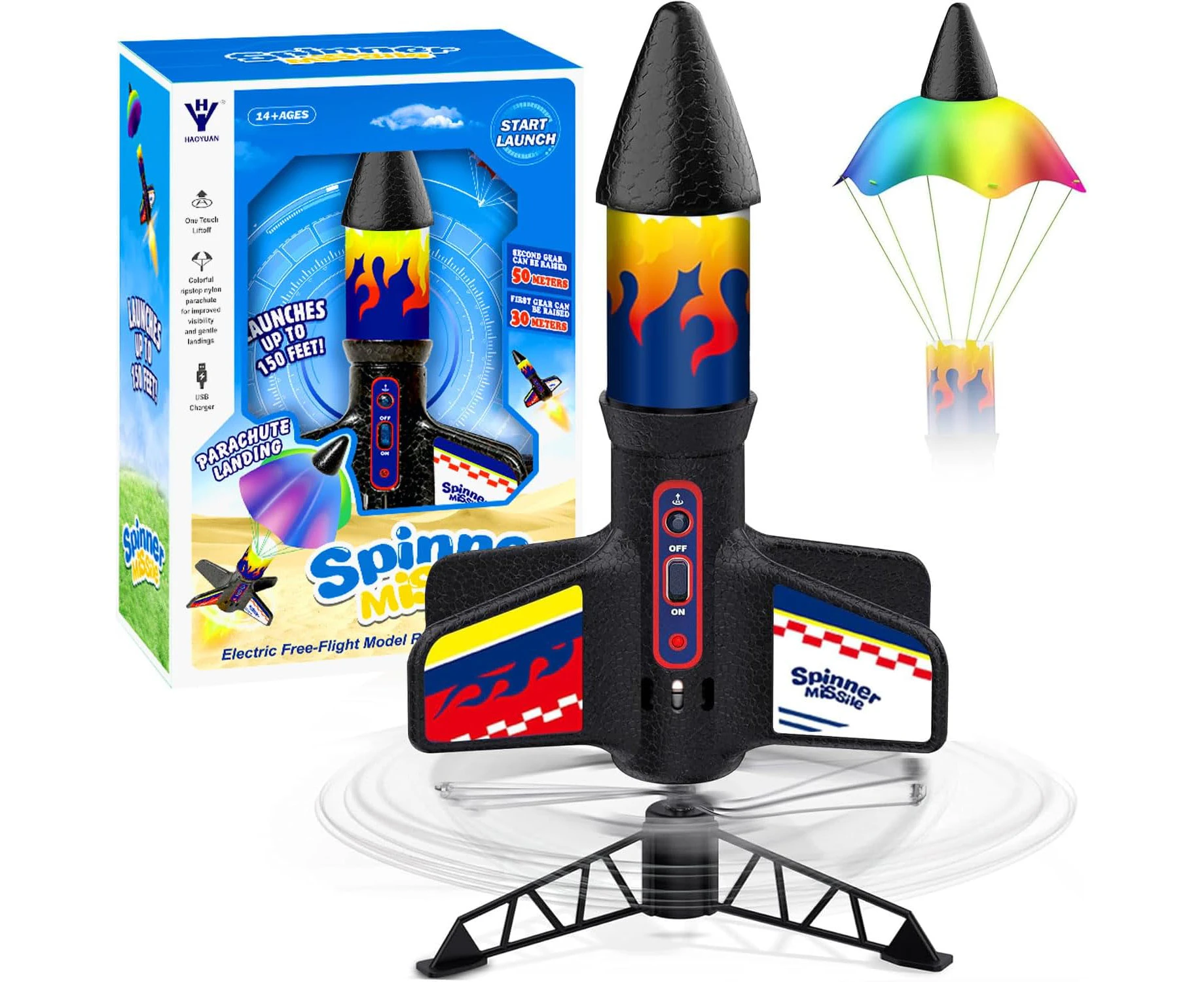 Rocket Launcher for Kids, Self-Launching 50m Motorized Air Rocket Toy ， Model Rockets with Parachute Safely Land,with LED Light Outdoor Rocket Kits Toys fo