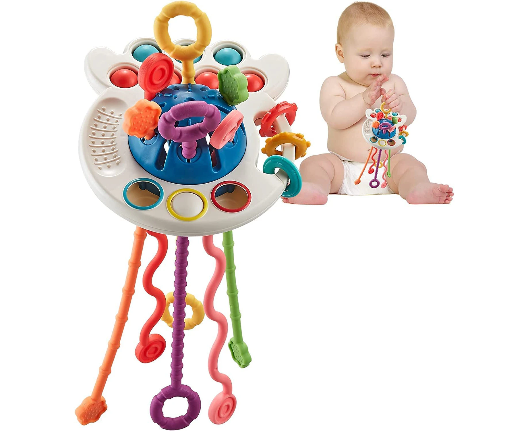 QINGBAO Montessori Toys for Babies 6-12 Months, Baby Sensory Toys and Teething Toys, Pull String Toy with Sliding Magic Balls Funny Silicone Toys for Baby