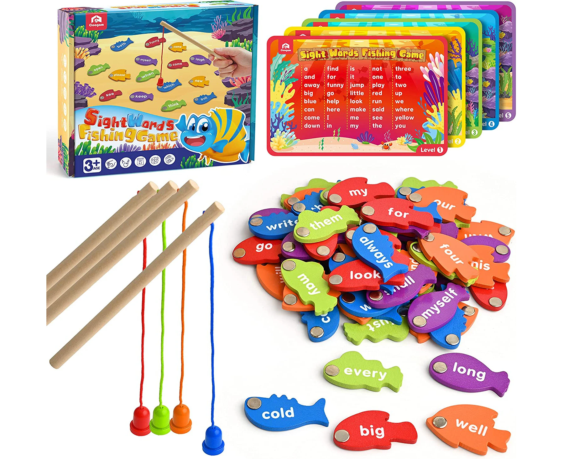 Coogam Wooden Magnetic Fishing Sight Words Game Learning Dolch Word Flashcards Montessori Educational Toy for Preschool 3 4 5 Year Old Kids