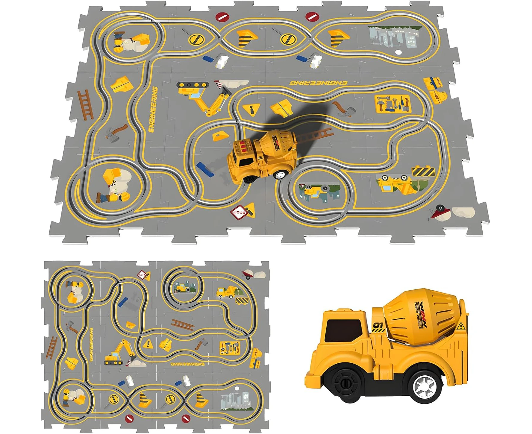 ZCOINS Construction Car Puzzle Track Race Playset for Kids, Puzzle Mat Rail Train Vehicle STEM Montessori Toys, DIY Road Builder Board Game Educational Gif