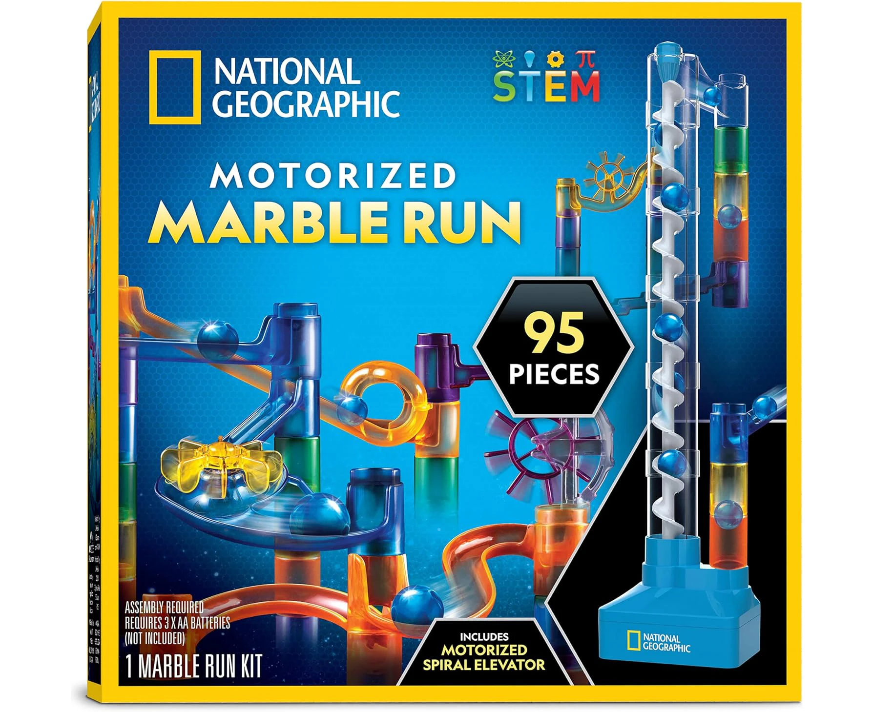 National Geographic Marble Run with Motorized Elevator - 95-Piece Marble Maze Kit with Motorized Spiral Lift, 20 Marbles, Storage Bag & More, Perpetual Mot