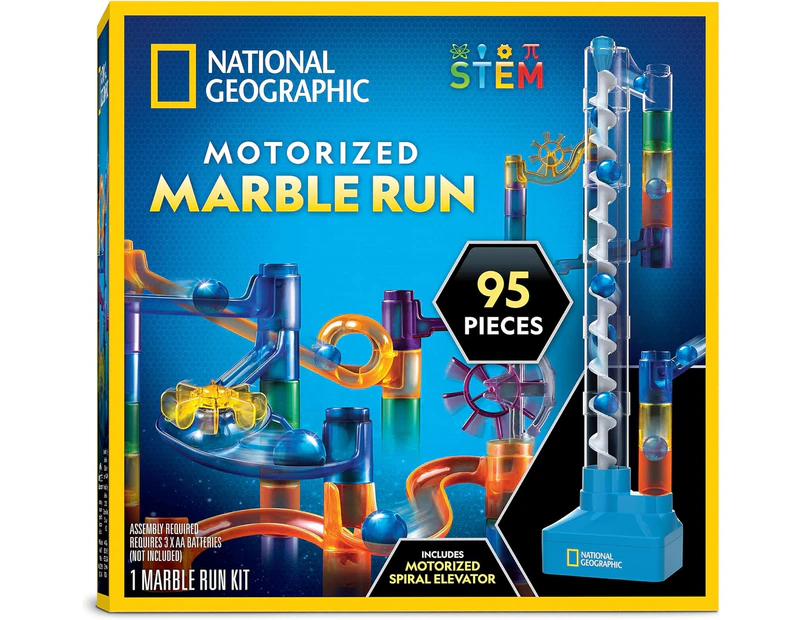 National Geographic Marble Run with Motorized Elevator - 95-Piece Marble Maze Kit with Motorized Spiral Lift, 20 Marbles, Storage Bag & More, Perpetual Mot