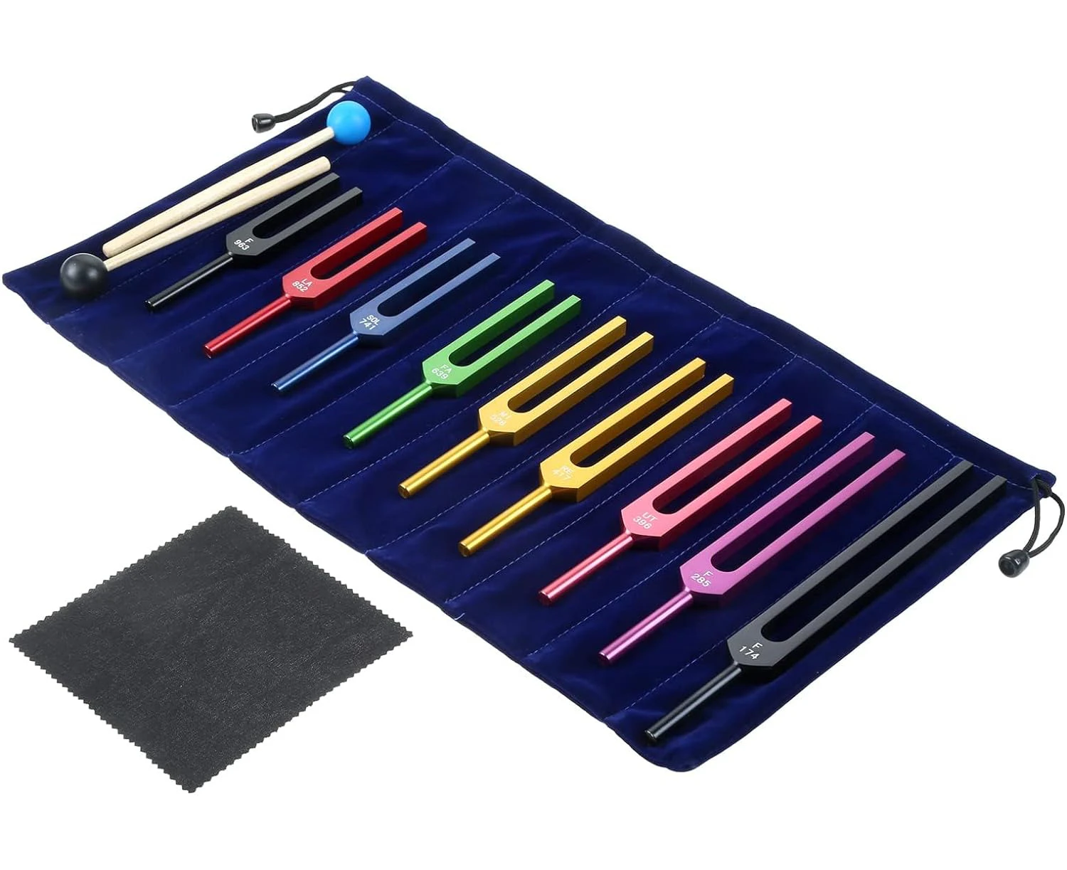 Solfeggio Tuning Fork Set for Healing, Vibration, Sound Therapy, 9 PCS Color Tuning Forks for with 2 PCS Silicone Hammers, Storage Bag(174Hz, 285Hz, 396Hz,