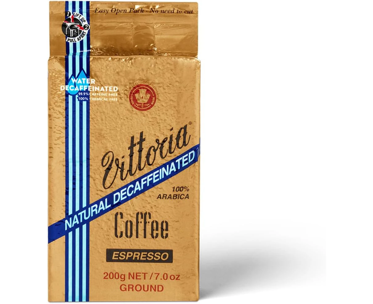 Vittoria Coffee 100% Arabica Naturally Decaffeinated Espresso Ground Decaf Coffee 200g