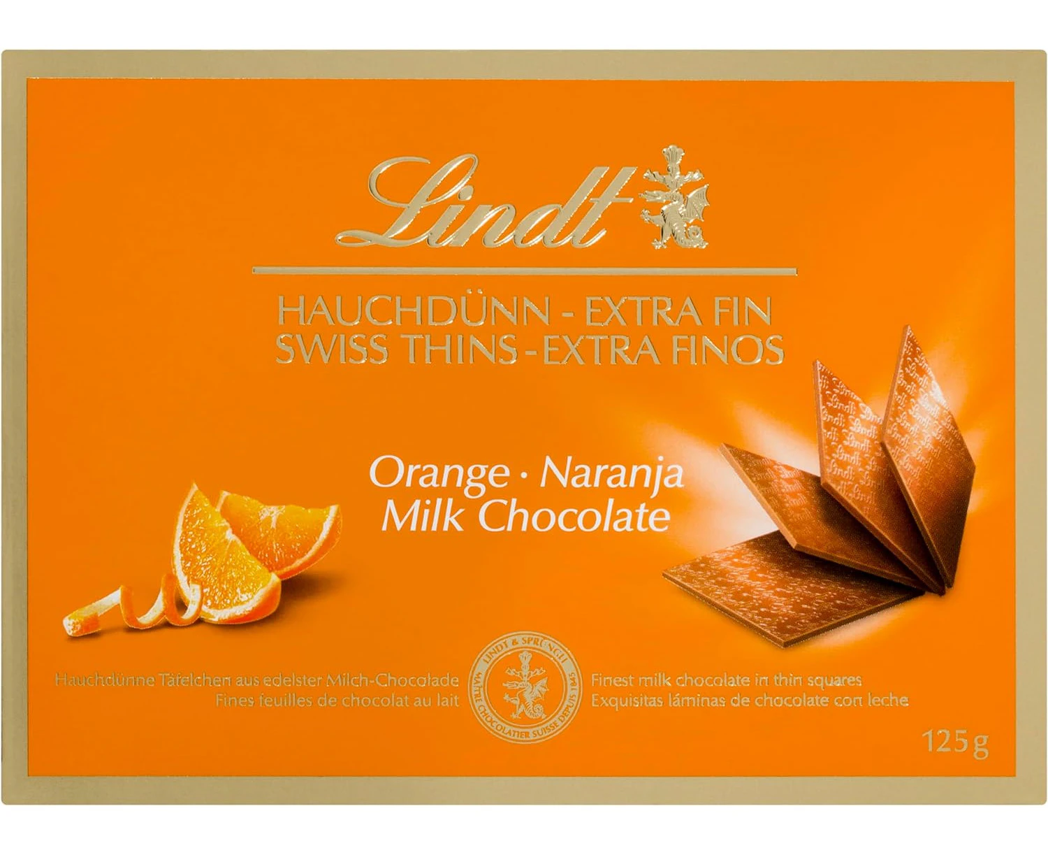 Lindt Swiss Thins Orange Milk Chocolate Box 125g