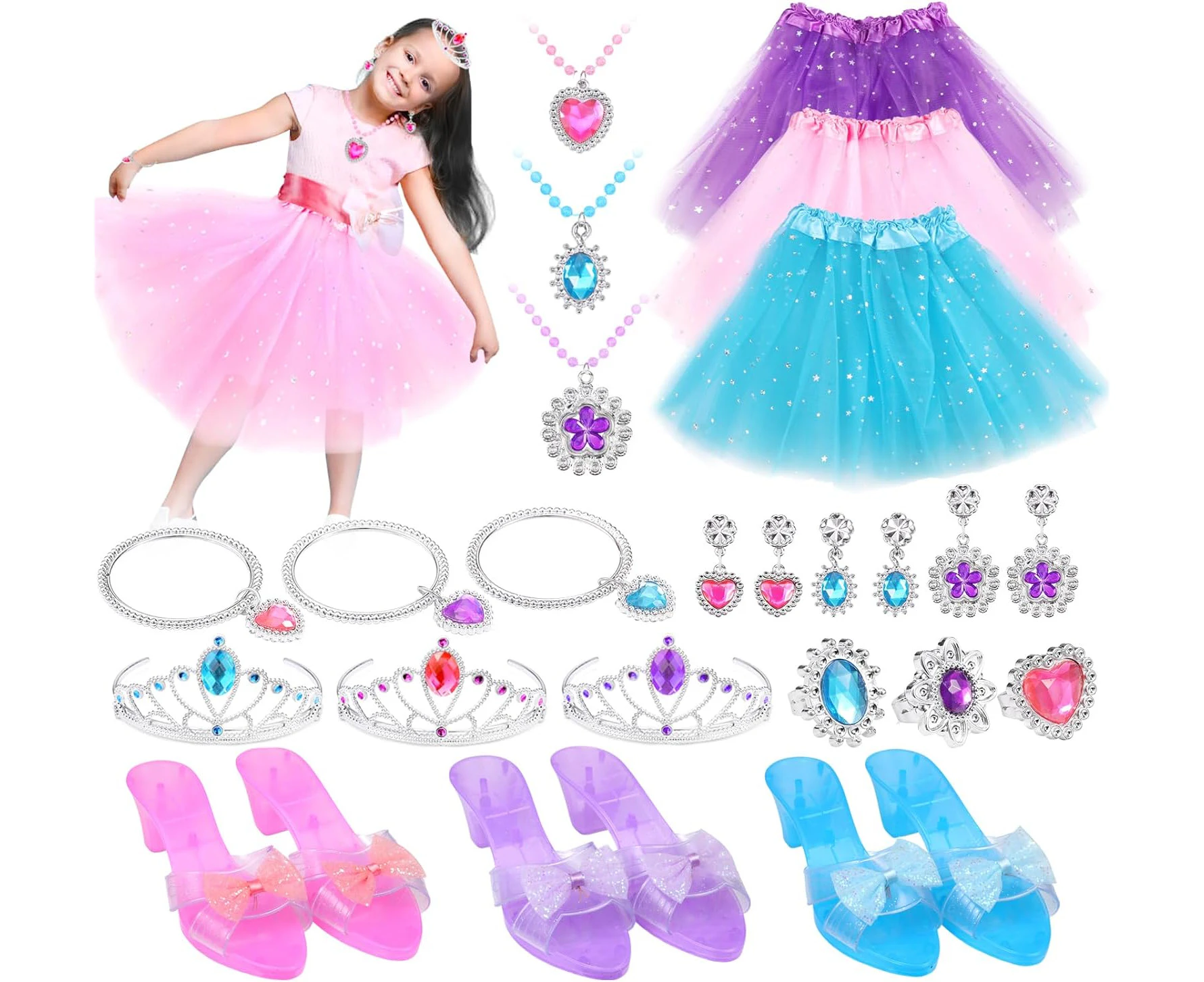 PELOSTA Princess Dress Up Toys & Toddler Jewelry Boutique Kit,Princess Costumes Set of Color Skirts,Shoes,Crowns,Princess Accessories,Girls Pretend Role Pl