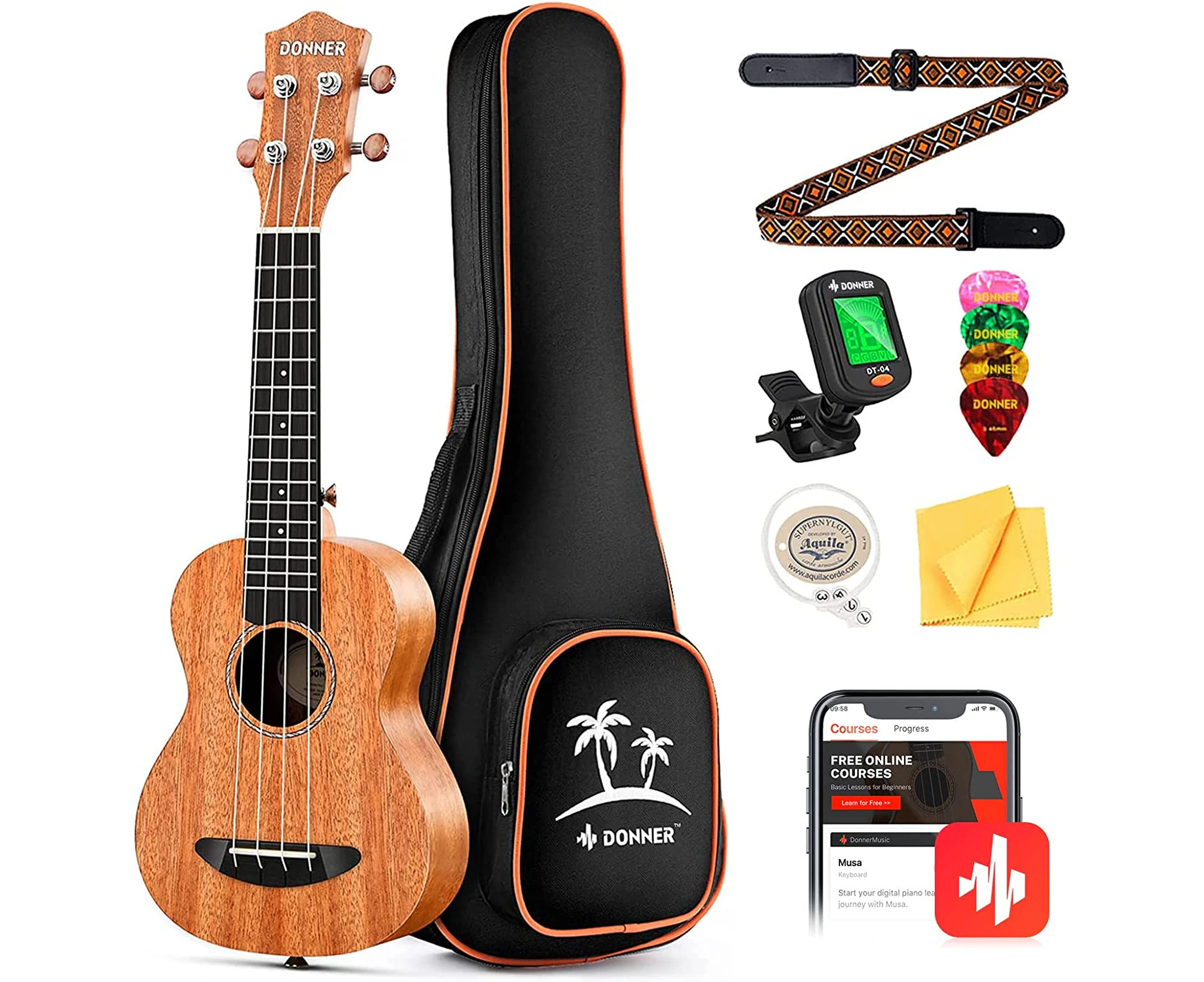 Donner Soprano Ukulele Mahogany 21 inch Ukelele Beginner Kit Online Lesson Gig Bag Strap Nylon String Tuner Picks Cloth DUS-1 Ukalalee Set