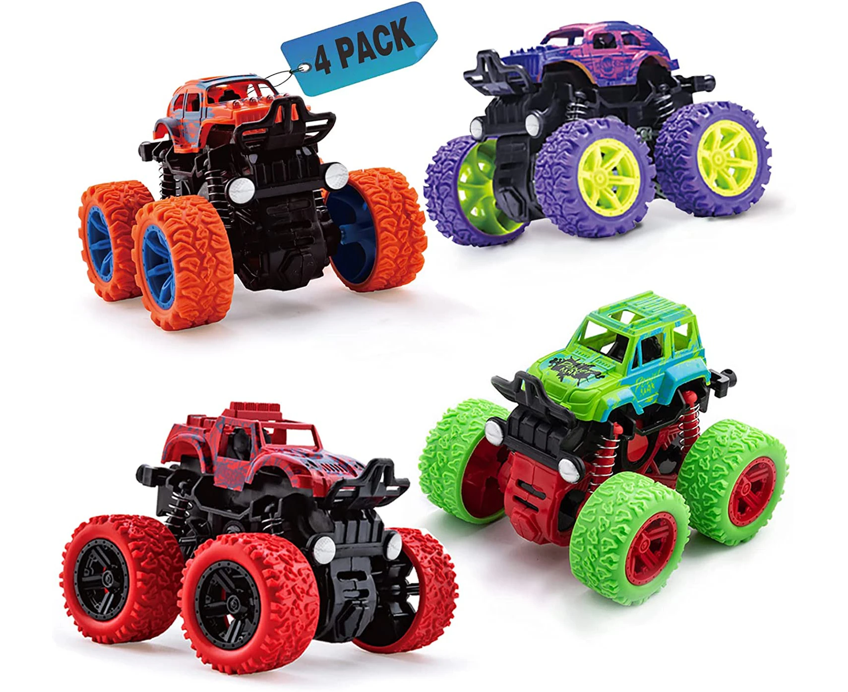 PELOSTA 4 PCS Monster Truck Toys for Boys Girls, Friction Powered Push and Go Car Toy for Kids Christmas Birthday Gifts, Inertia Vehicle Set Educational To