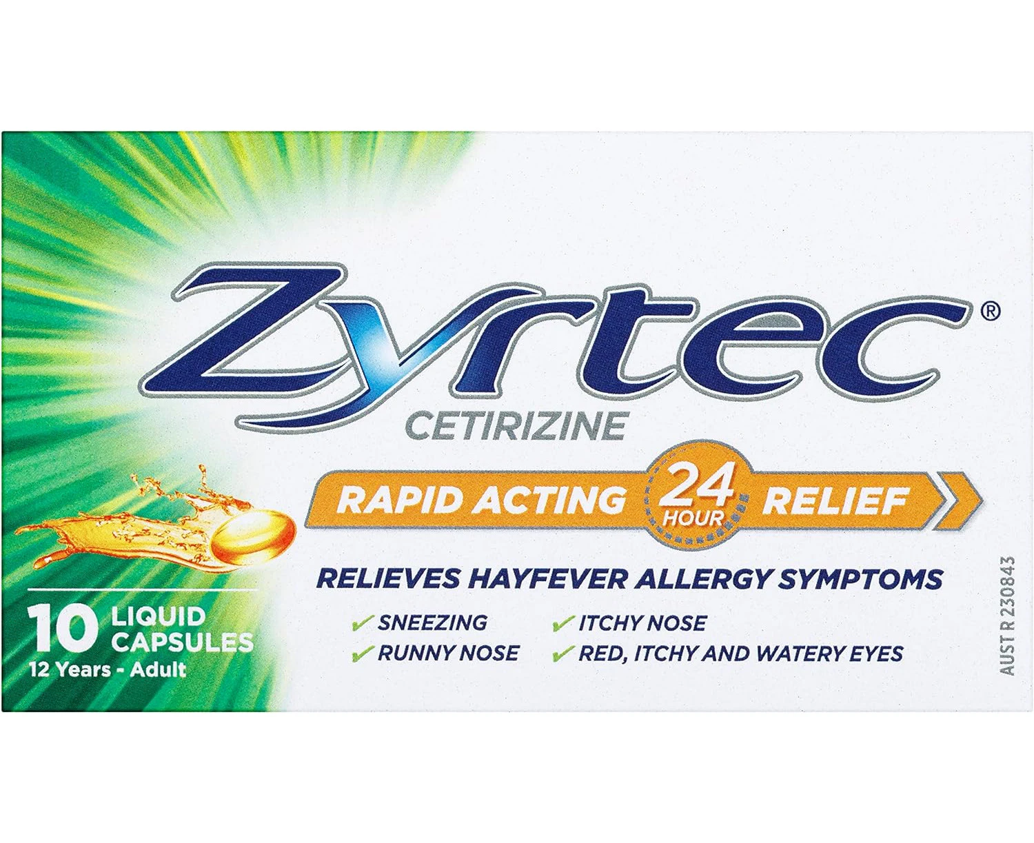 Zyrtec Rapid Acting Hayfever Allergy Relief Antihistamine Liquid Capsules 10 Pack |Contains cetirizine|Provides relief from sneezing, runny, itchy nose, re