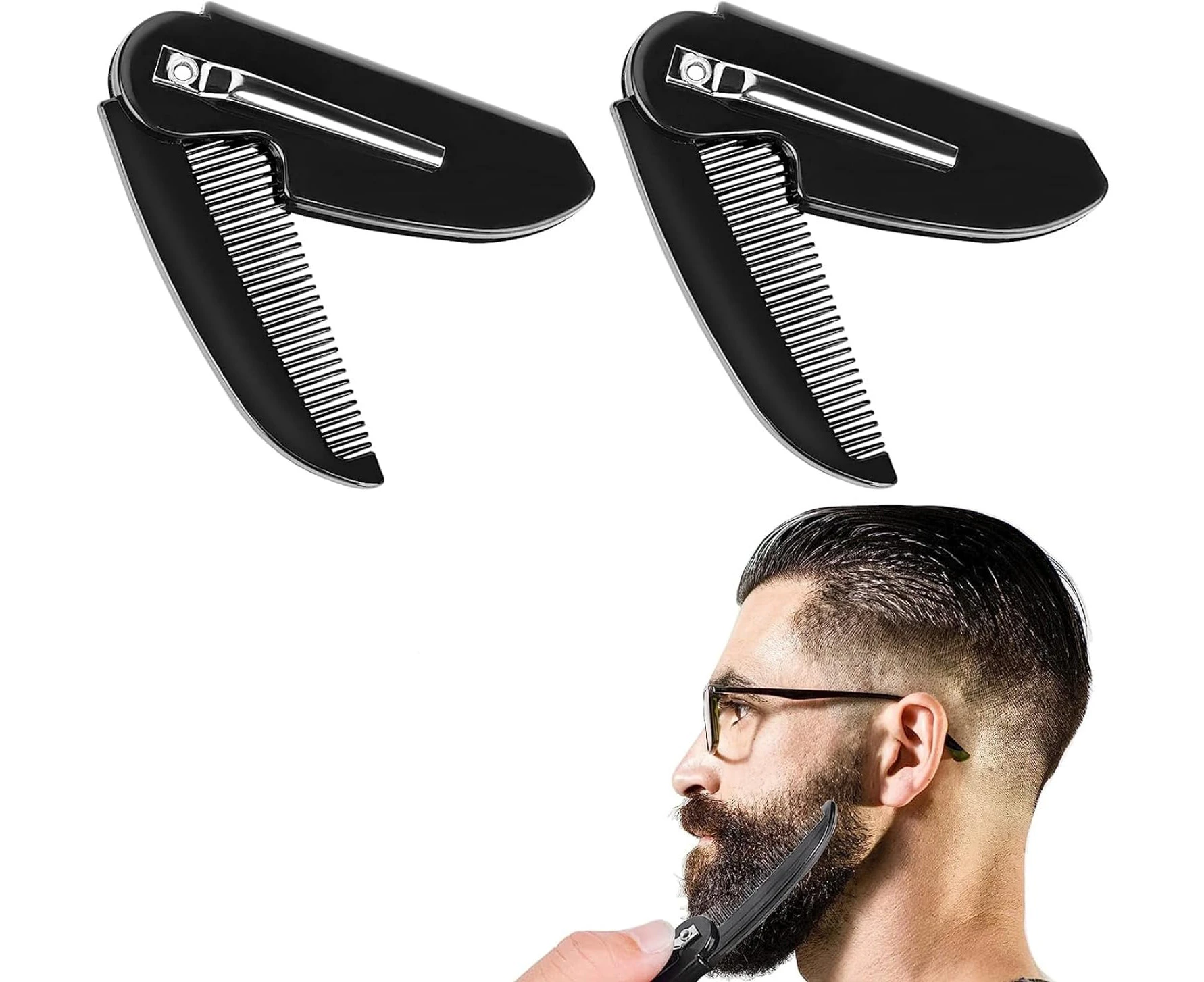 TAVVKE Beard Straightener - 2Pcs Folding Beard Comb - Portable Men Hair Comb - Fine Tooth Pocket Comb - Mustache Brush - Salon Accessories for Travel and D