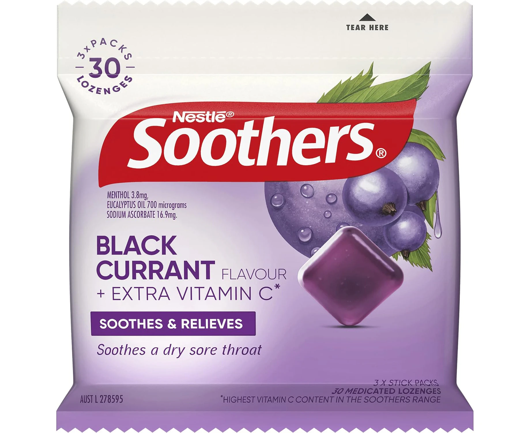 SOOTHERS Blackcurrant Sore Throat Lozenges 30 Pack, 120g