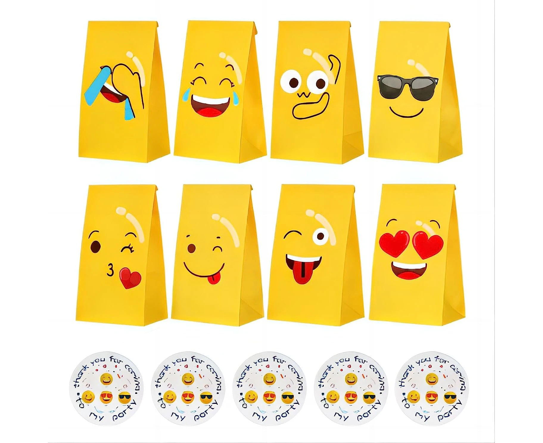 MAIHUO 24 PCS Paper Gift Bags,Party Favor Bags,Paper Party Bags,Smiley emoji Bags,Gift Bags With THANK YOU Stickers, 23 x 12 cm Candy Storage Bags